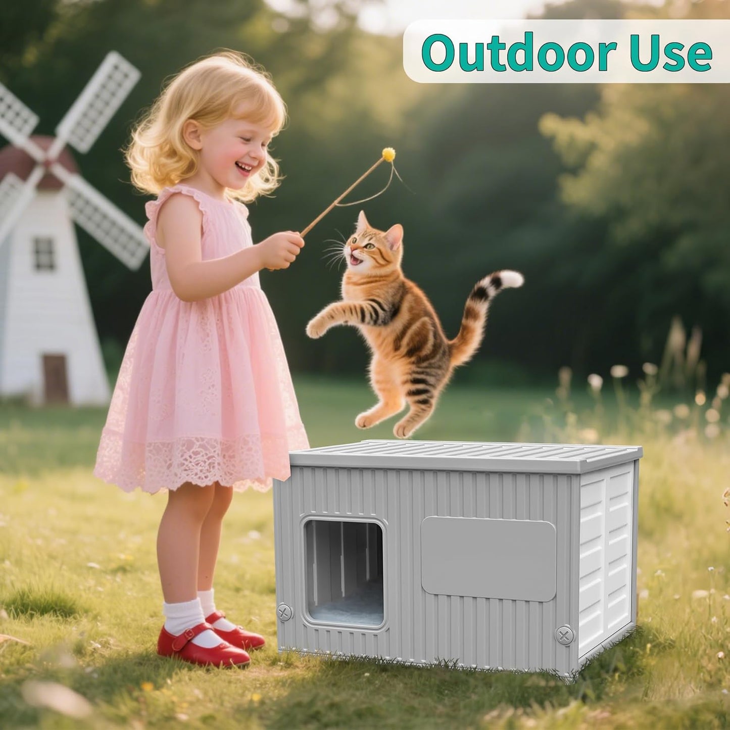 Plastic Cat House Outdoor & Indoor, Feral Cat Houses with Mat, Waterproof Outdoor Cat House for Feral Cats, Outside Cat Shelter for Small Pet, Assemble and Clean Easily