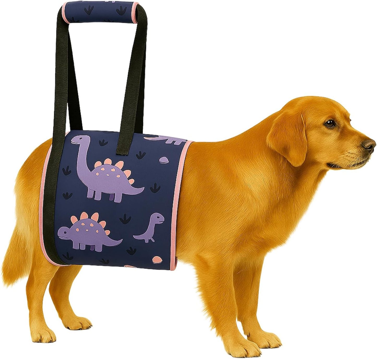 LovinPet Adjustable Dog Lift Harness for Medium & Large Breeds, 3-Layer Rear Support Sling with Padded Handles, Quiet Hook-and-Loop, Easy-On for Senior & Injured Pets – Dinosaur Print, Black Pink