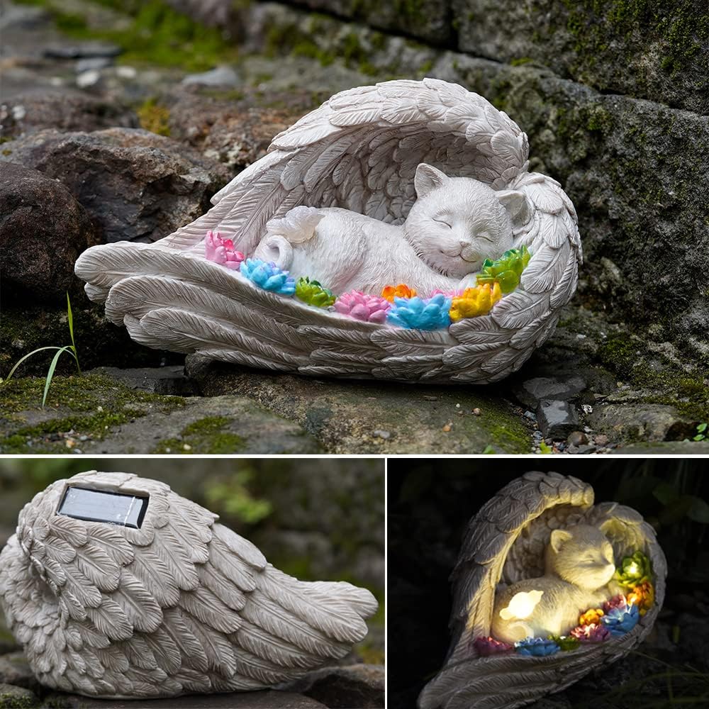 Cat Memorial Stone,Solar Angel Cat Statue Figurine - Pet Memorial Stone for Garden or Tombstone Commemoration (cat)