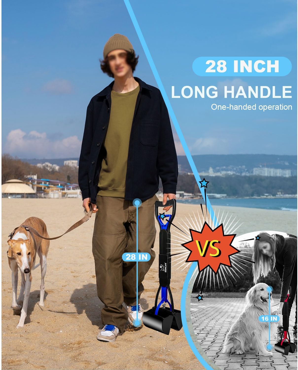 SZHLUX 28" Pooper Scooper, Foldable Dog Pooper Scooper with Unbreakable Material and Durable Spring for Grass and Gravel, Blue