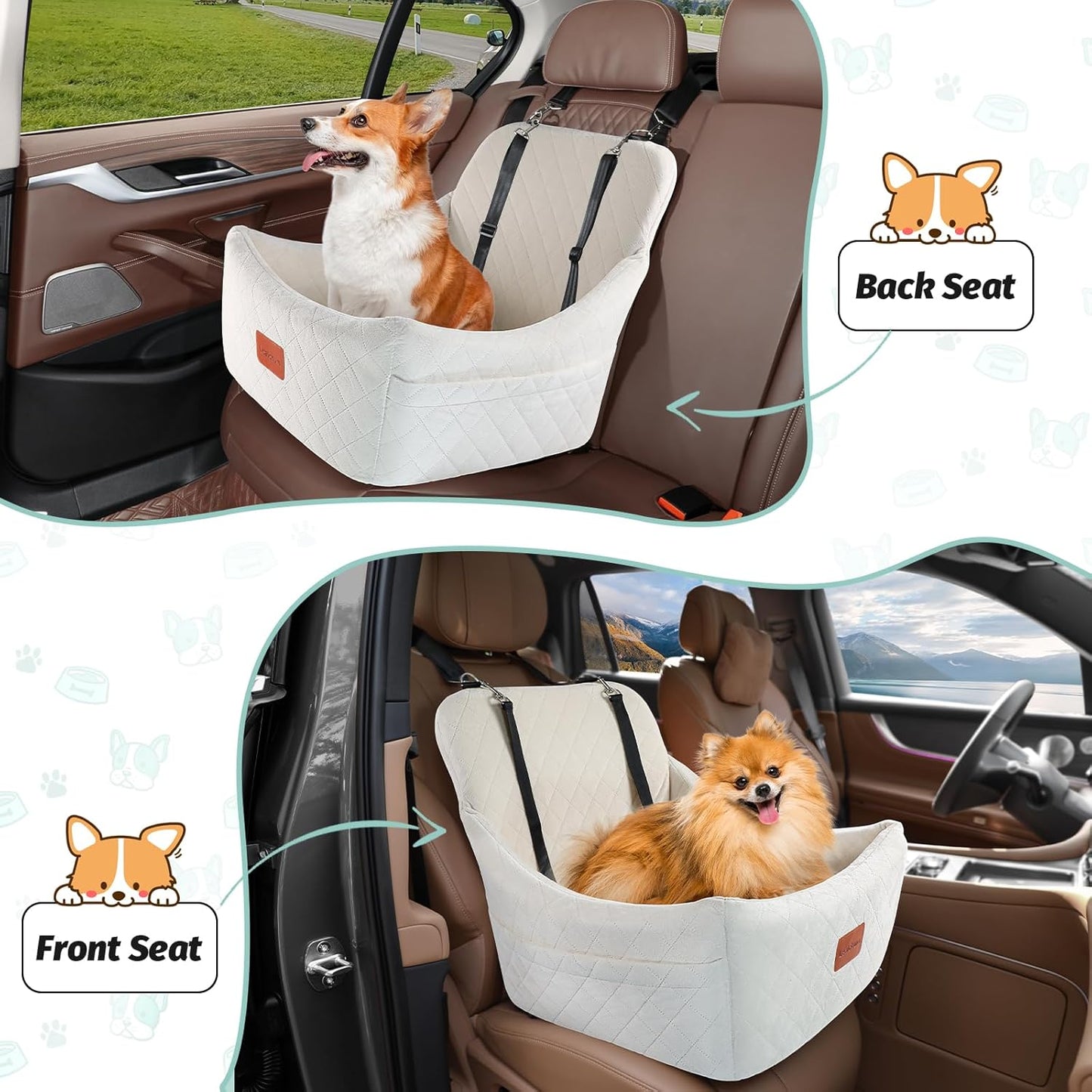 Dog Car Seat for Medium Dogs Up to 40lbs,Easy to Install with Adjustable Straps,Anti-Slip Base,Fully Detachable and Washable,Soft Fabric Fill in Memory Foam,2 Side Pockets(Beige,Medium)