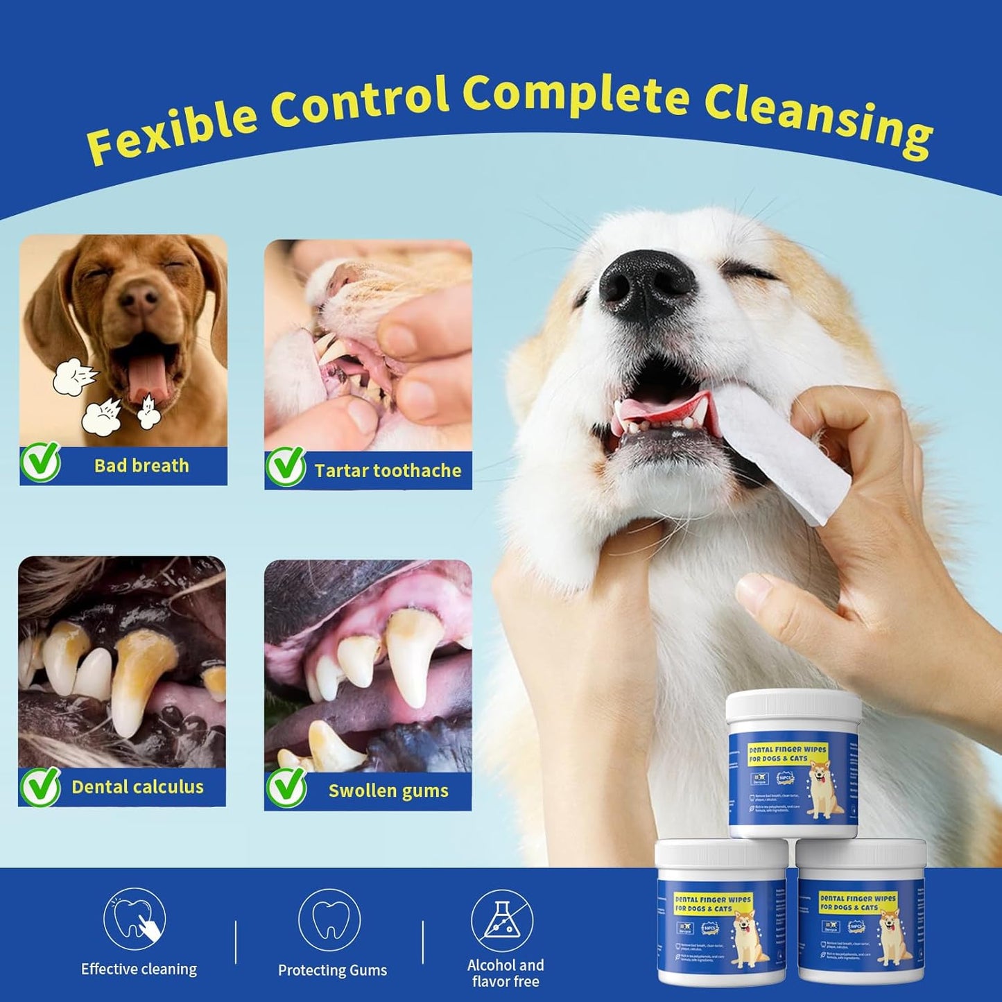 50Pcs Teeth Cleaning Wipes for Dogs & Cats, Dog Dental Care Wipes, Disposable Gentle Cleaning & Gum Care Pet Wipes