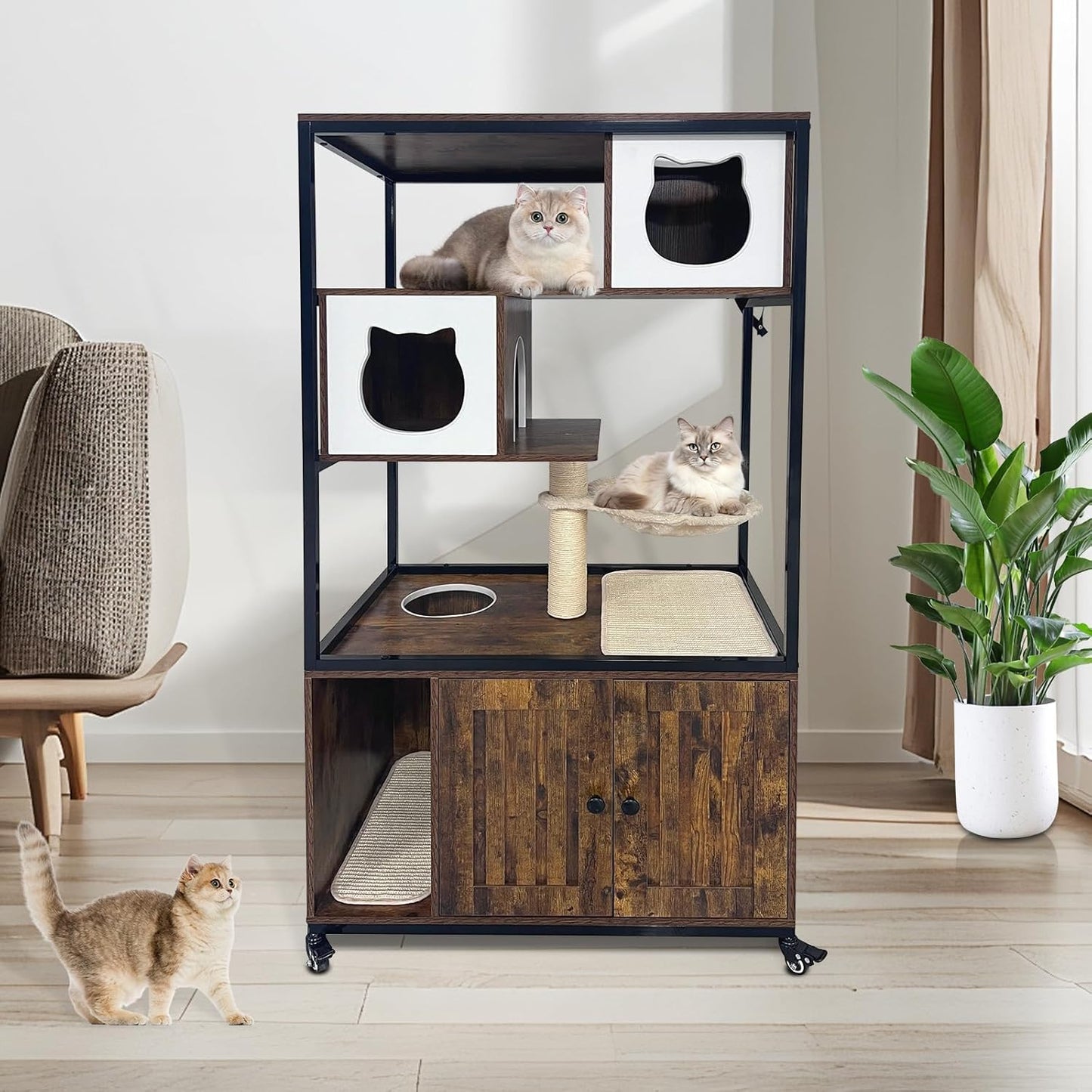Cat Tower with Litter Box Enclosure, Wooden Hidden Litter Box Cat Tree Cabinet on Wheels with Condo, Hammock and Scratching Post, Dog Proof Cats Washroom Furniture