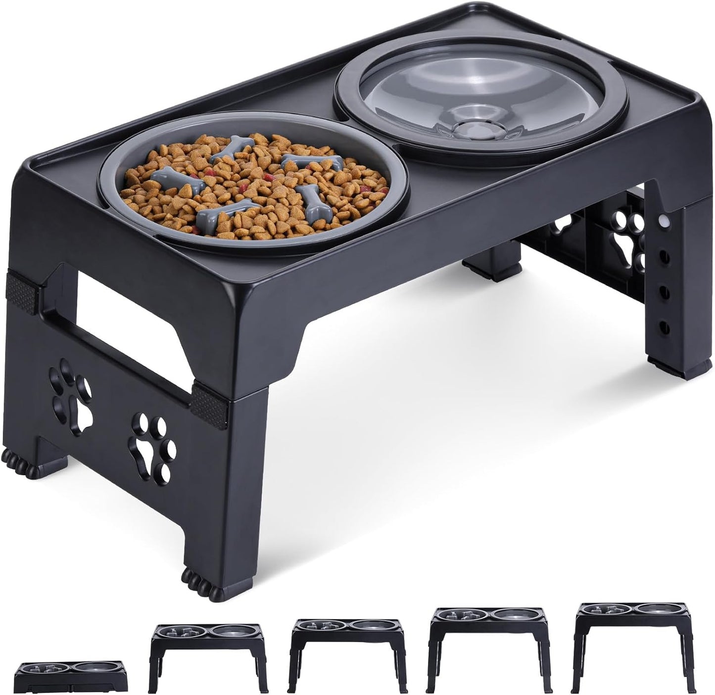 Elevated Dog Bowls, Raised Dog Bowl with 2 Stainless Steel Dog Food Bowls, Dog Bowls Stand Adjusts to 5 Heights 2.95", 8.46", 9.65", 10.82", 12.01" for Small Medium Large Dogs Cats Pets,Black