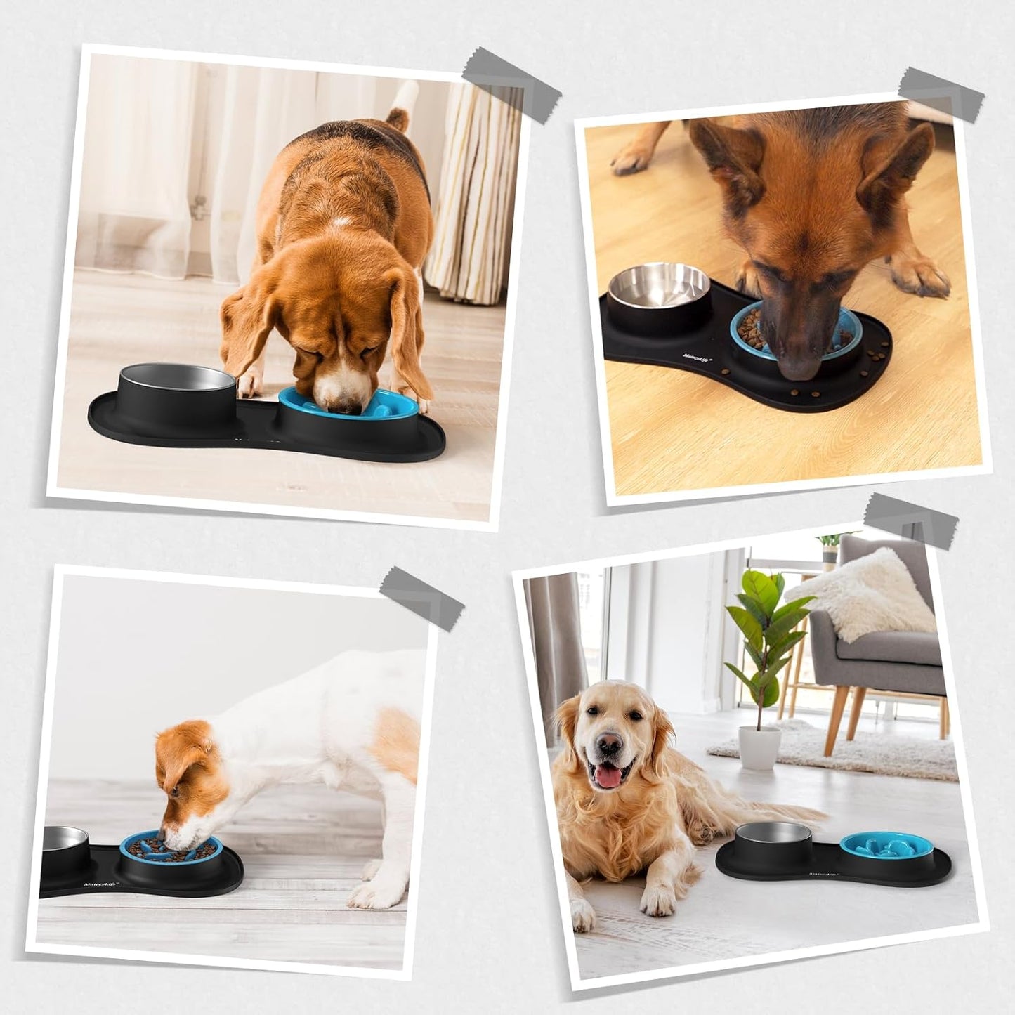 MateeyLife Dog Food and Water Bowl Set 3 in 1, Dog Bowls Slow Feeder & Stainless Steel Water Bowl with Non-Spill Silicone Mat, Cat and Puppy Bowls Pet Dishes for Small Medium Large Breed Anti-Choking
