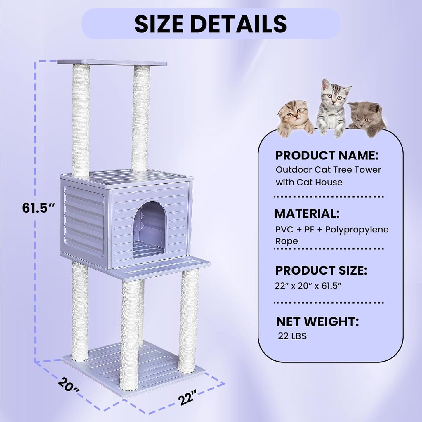 61.5” Indoor and Outdoor Cat Tree Tower, Cat House for Outdoor Cats, Weatherproof Large Cat Condo with Scratching Posts for Catio