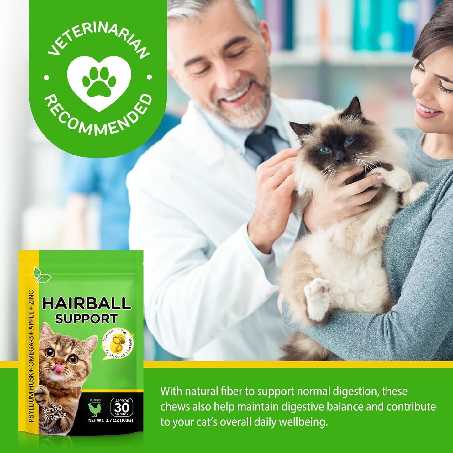 Cat Hairball Support Treats with Psyllium Husk & Omega-3, Chicken Flavor Soft & Crunchy Bites for Ingested Hair Elimination, Digestive & Skin Health, 3.7 oz (100g)