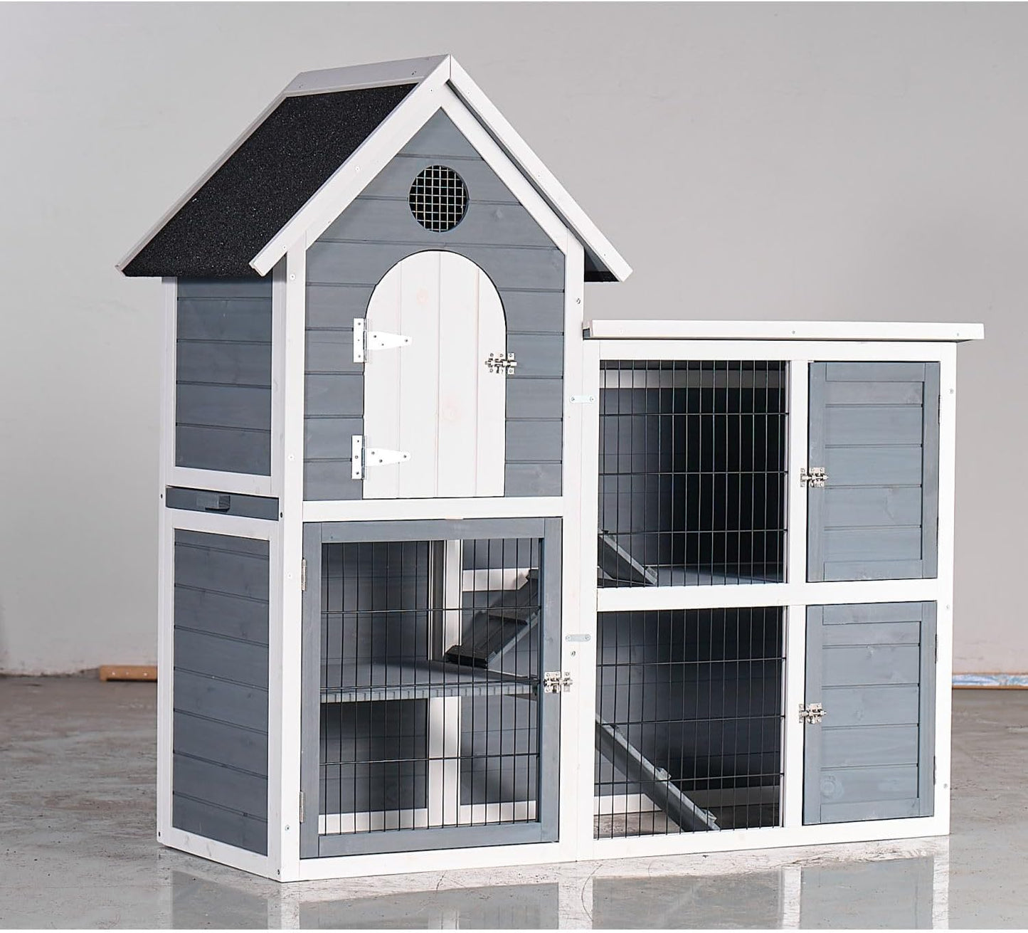 Large Outdoor Chicken Coop Cage Weather-Resistant 2-Story Wooden Pet House with No-Leak Tray Indoor/Outdoor Rabbit Hutch Grey & Beige Gray+White