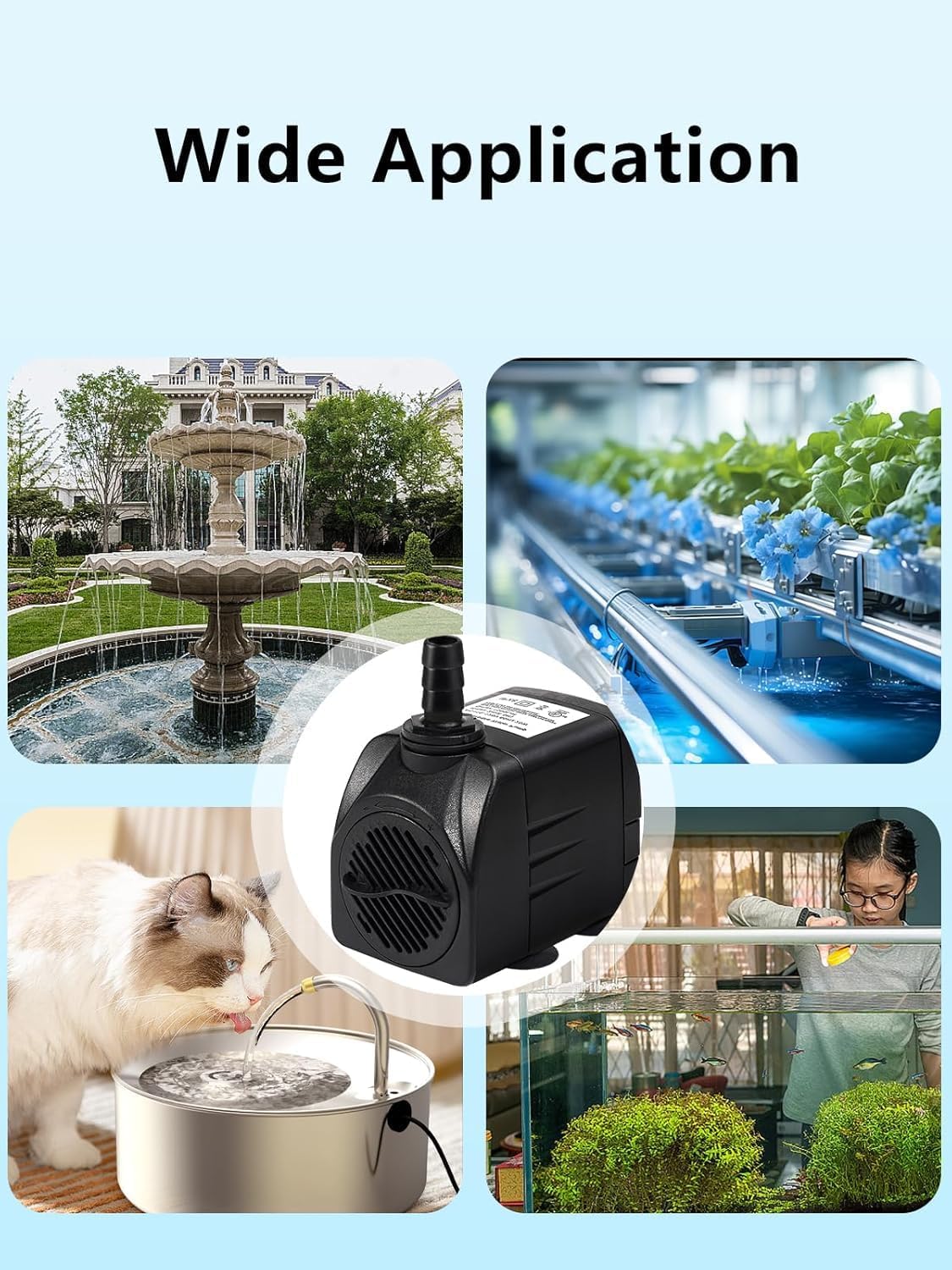 Fountain Pump, 220GPH Submersible Water Pump Outdoor, Ultra Quiet Water Fountain Pump for Pond Waterfall, Fish Tank, Aquarium, Hydroponics