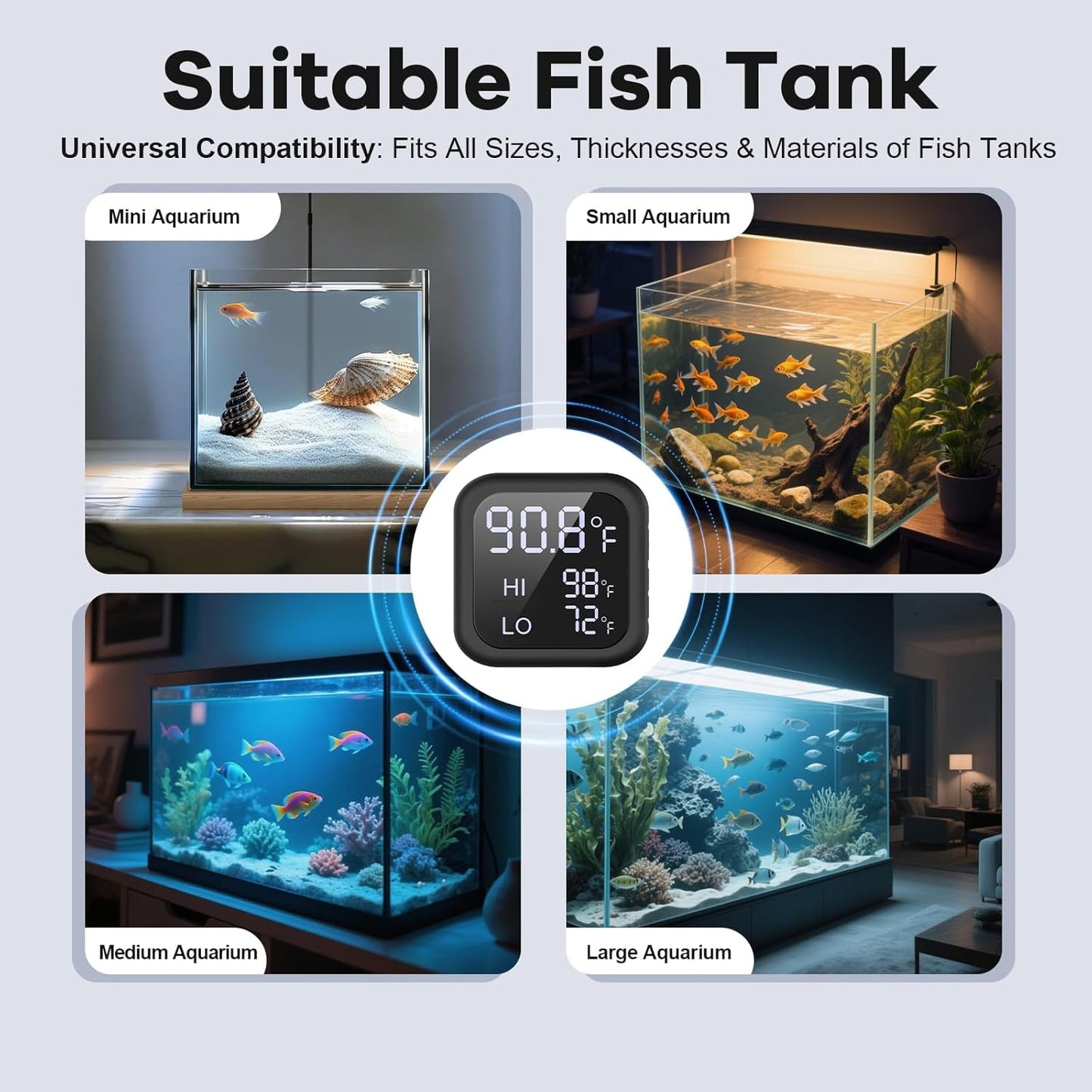 Smart Digital Fish Tank Thermometer – LED Display to ±0.9°F, Alarm for Aquarium, Turtle Tank, Betta Fish & More | 5-200 Gallon | High/Low Temperature Alerts