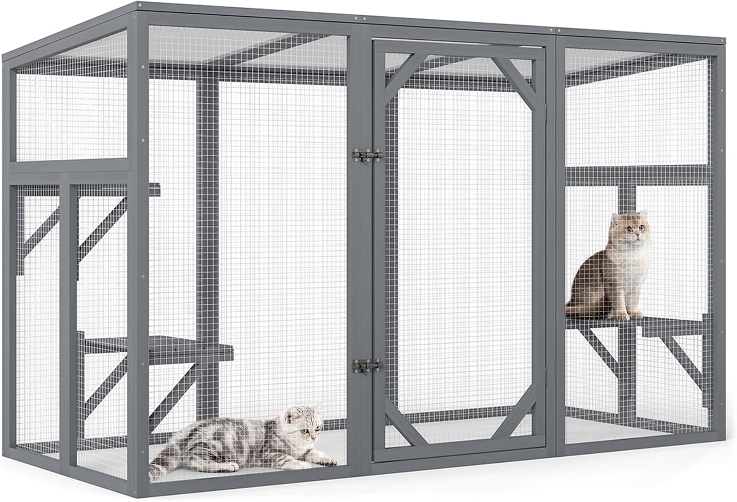 Outdoor Cat Catio House, Wooden Cat Habits with 3 Platforms, Lockable Doors, Top PC Sun Roof, Patio Yard Window Enclosures, Weatherproof, Gray