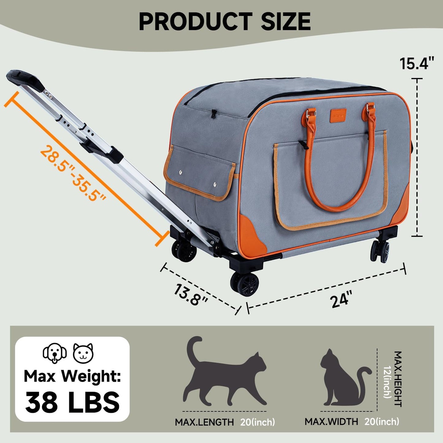 Large Cat Carrier with Wheels Pet Dog Rolling Carriers for Extra Large Cat Carrier Small Bag Small Dogs Up to 38 Lbs 24"X 13.8"X 15.4" Double Trolley Case Travel Walking and Camping(NOT for TSA)