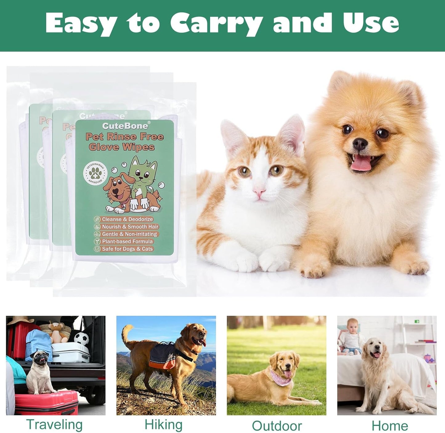 CuteBone Pet Glove Wipes - Dual-Sided Grooming Gloves with Wipes, Gentle and Effective Cleaning for Dogs, Removes Dirt, Fur, and Dander, Convenient and Mess-Free Grooming Solution, 18 Count