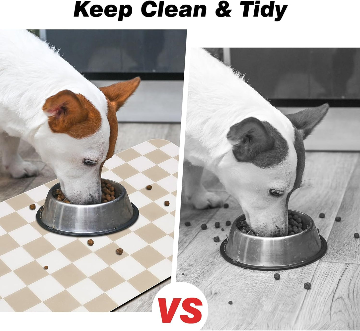 Checkered Dog Food Mat, Absorbent Leak-Proof Pet Feeding Mat, Quick Dry Cat Food Mat for Messy Drinkers 12" x 20" Khaki