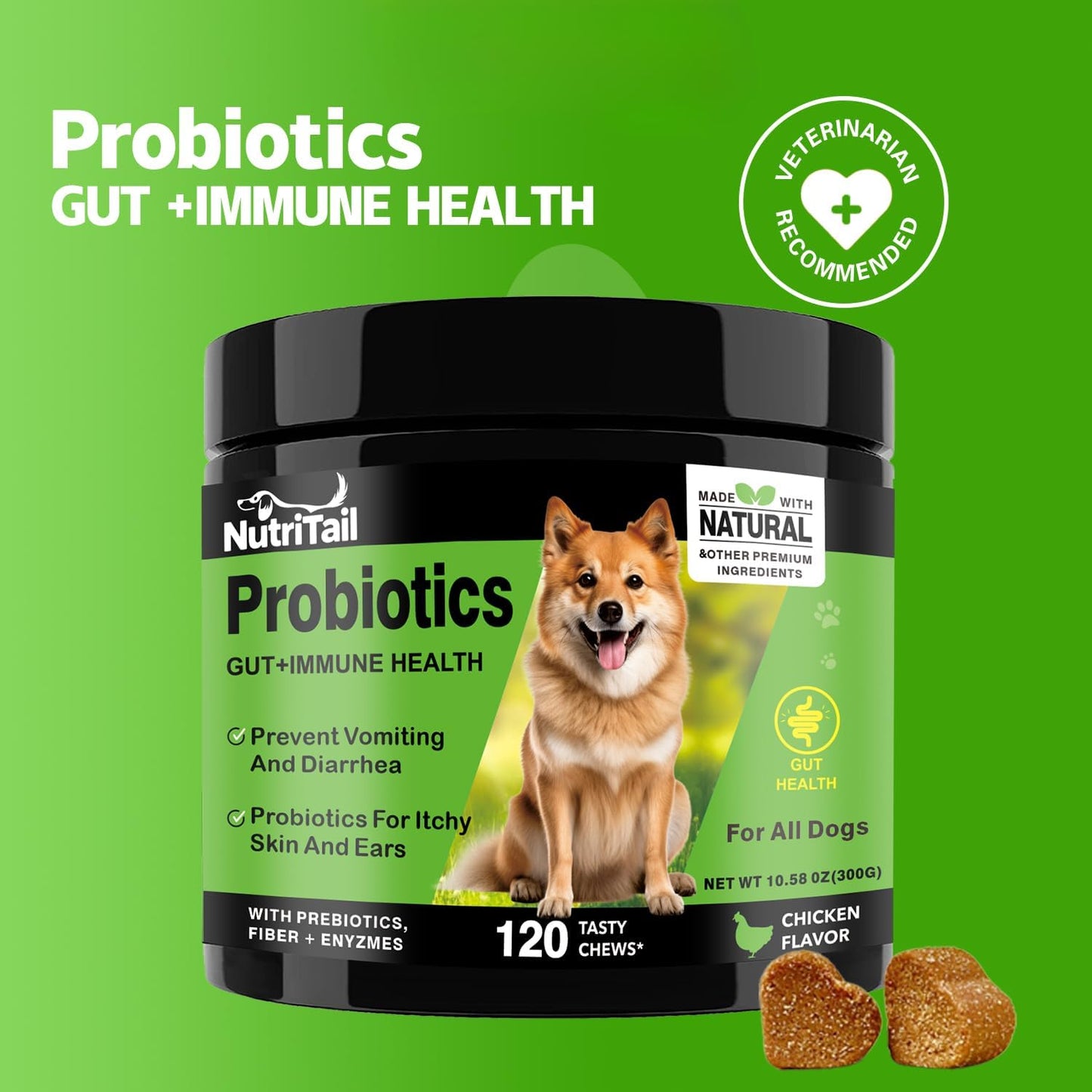 Probiotics for Dogs – Digestive & Immune Support Soft Chews with Prebiotics, Fiber & Enzymes – Relieves Diarrhea, Gas & Itchy Skin – Chicken Flavor Dog Supplement, 120 Chews