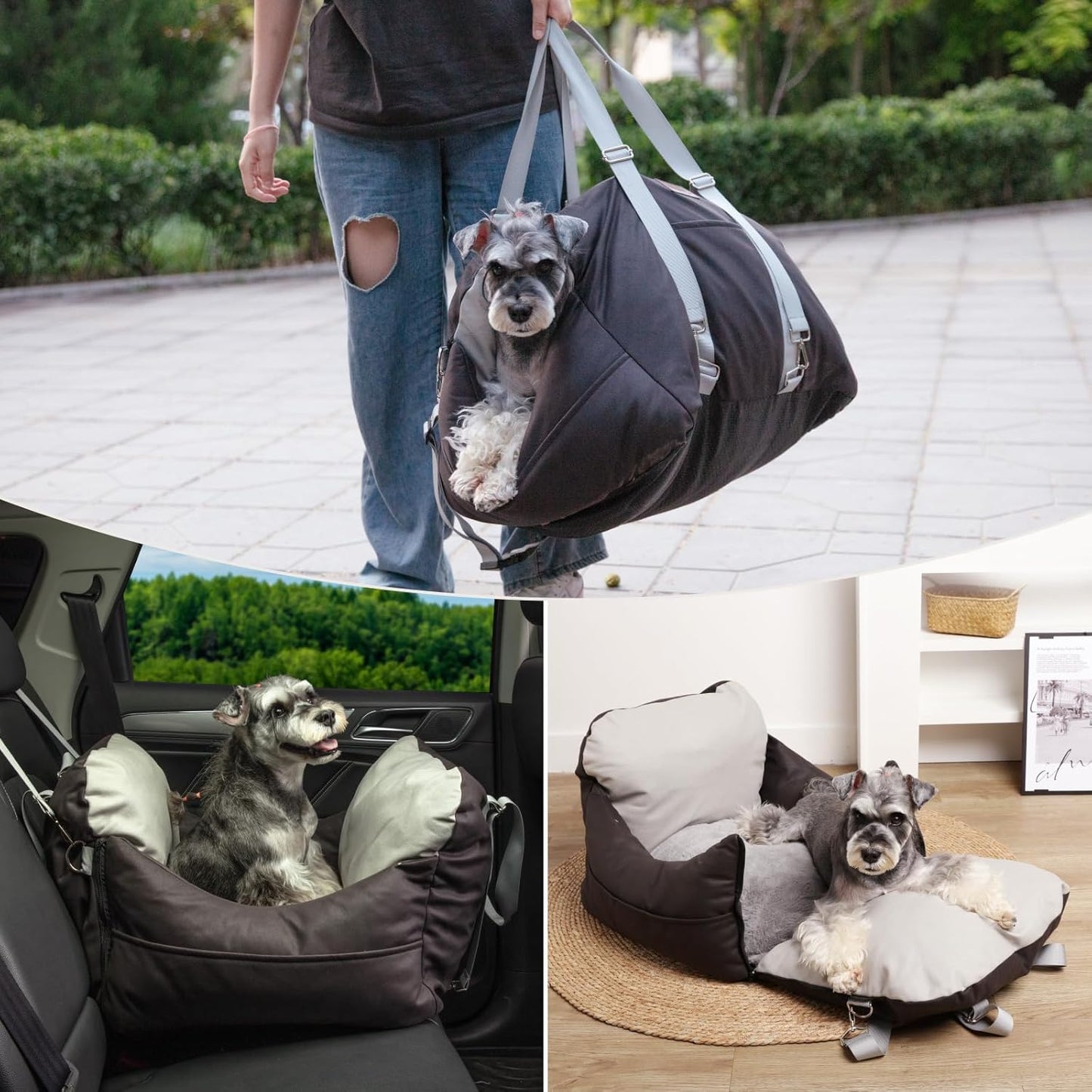 Leath-Aire Dog Car Seat, Scratch Resistant, Waterproof Booster Seat with Storage Pockets and Clip-On Safety Leash, Portable Dog Travel Carrier Bed up to 25lbs (Black/Grey)