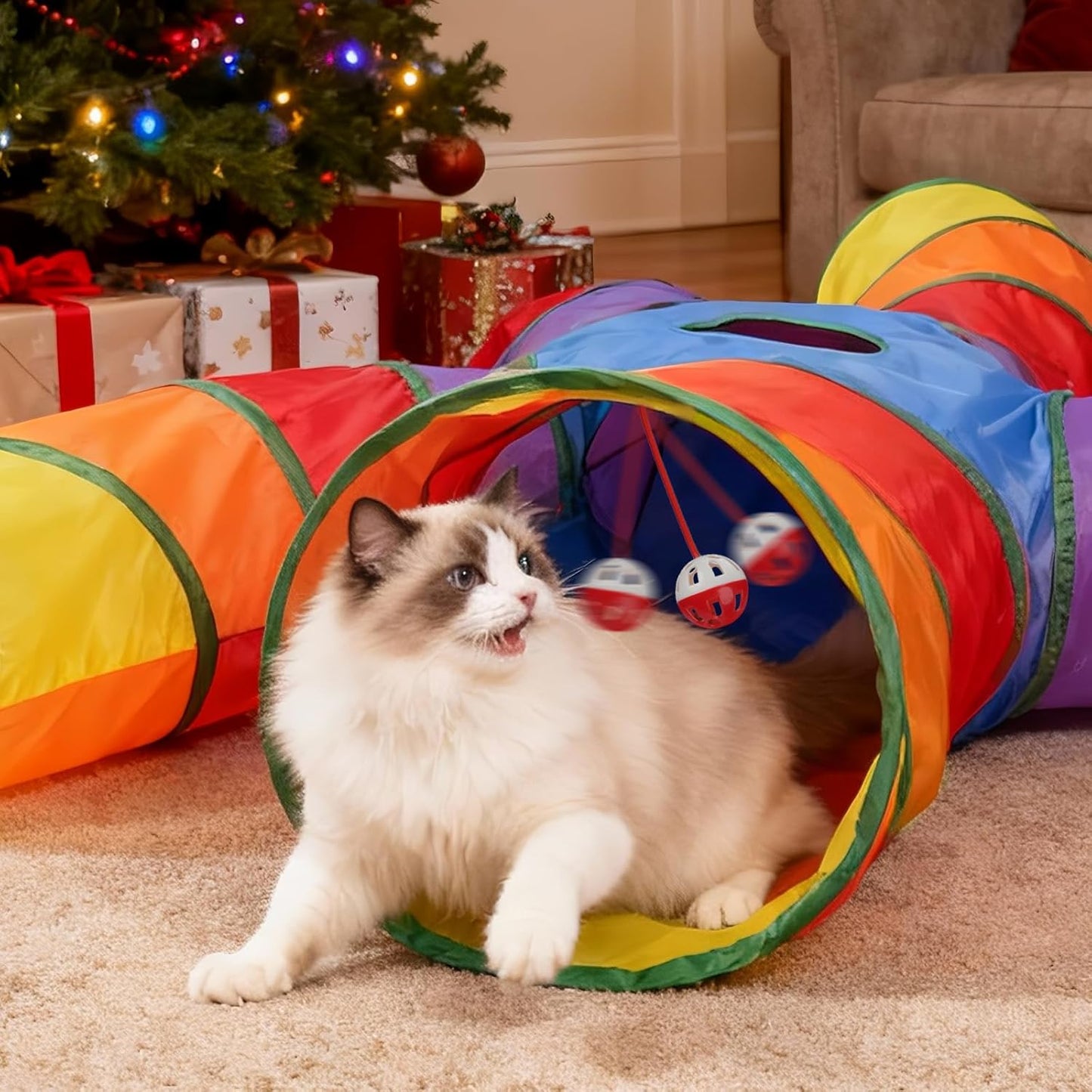 Joytale 5-Way Cat Tunnels for Indoor Cats, Pet Tube Toy with Play Ball and Toy Mouse, Christmas S-Shape Collapsible Tunnel with Interactive Hole for Kitty, Kitten, Rabbit, Puppy (Rainbow)