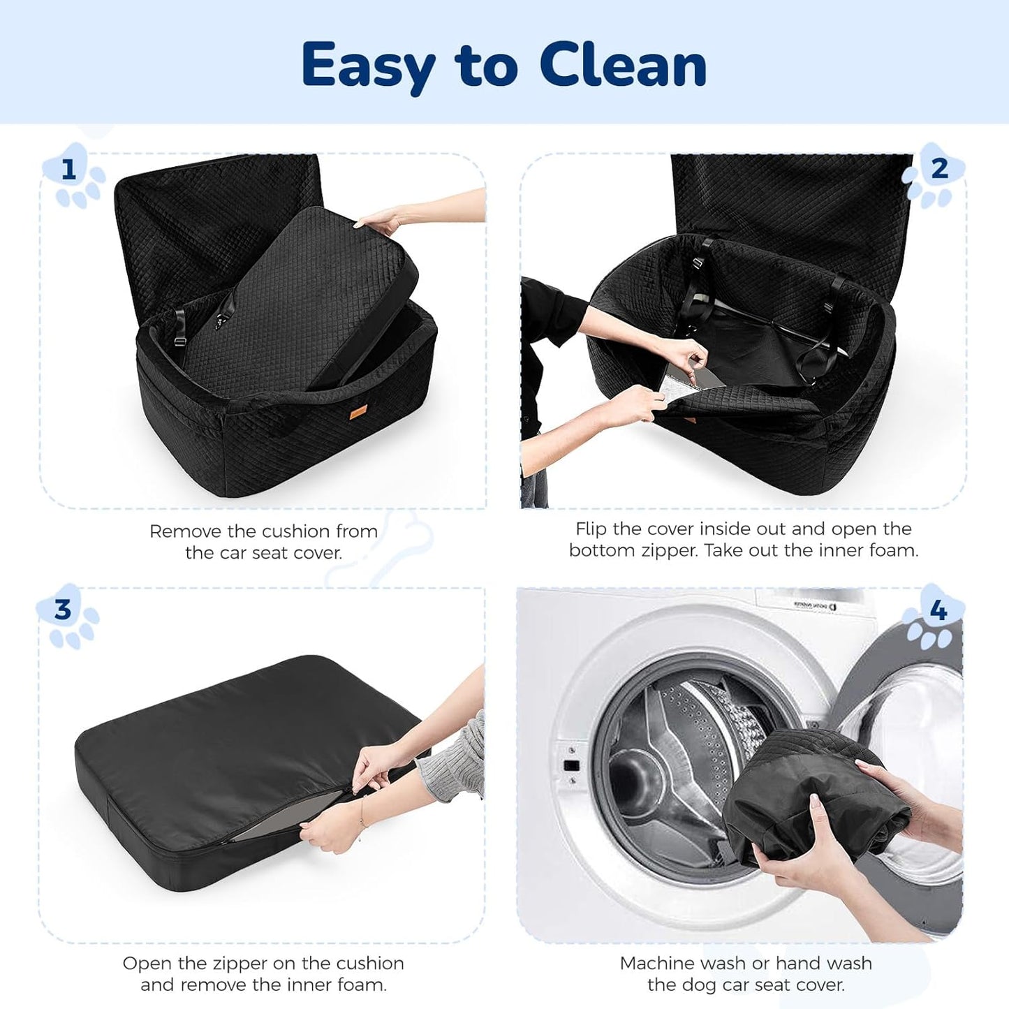 Dog Car Seat for Large Dogs up to 60 lbs or 2 Small Dogs with 4" Memory Foam, Medium Pet Booster Seat Cover with Triple Safety Belts, Adjustable Leashes, Detachable/Washable (Dark Black, Large)