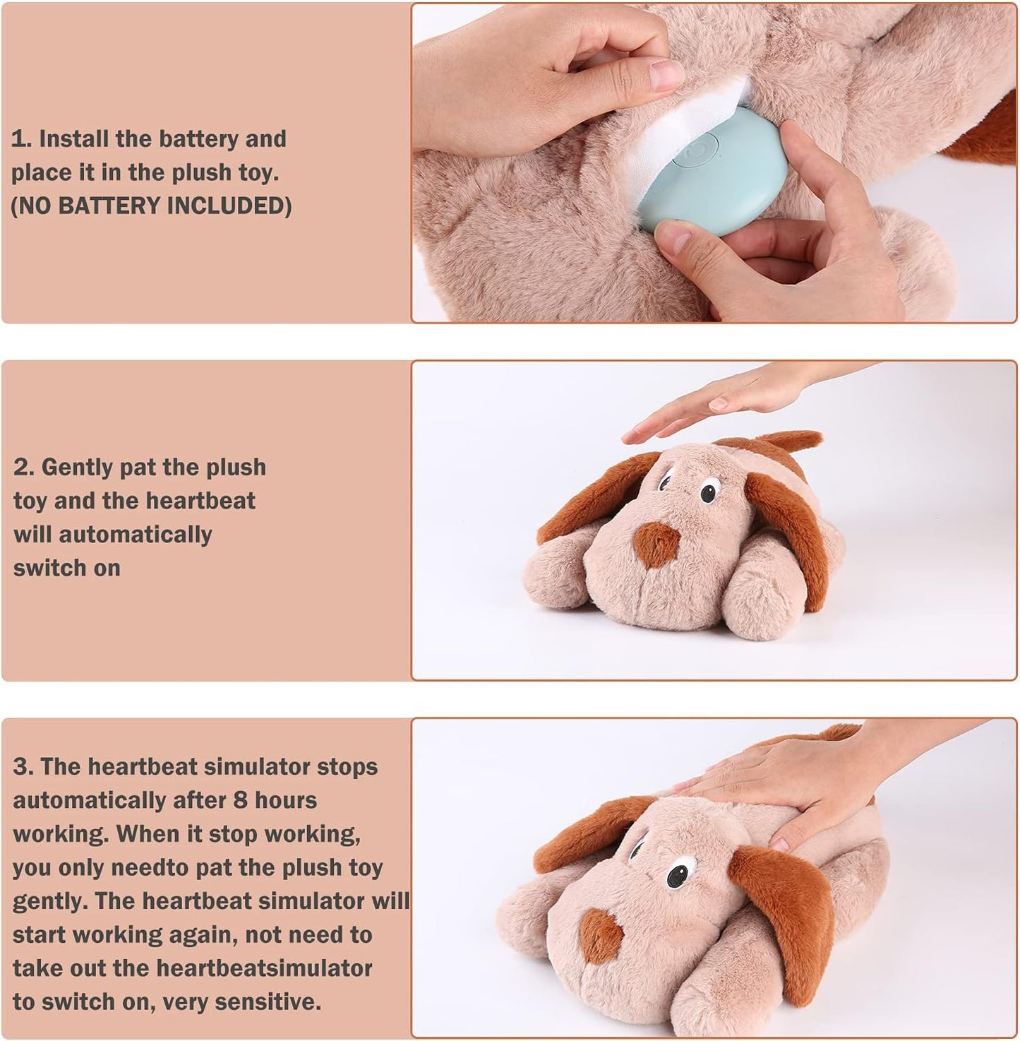 Puppy Heartbeat Toy, Dog Heartbeat Toy for Separation Anxiety Relief, Puppy Toy with Heartbeat Stuffed Animal Anxiety Calming Behavioral Aid Plush Toy for Dogs Cats Pets (Brown +)