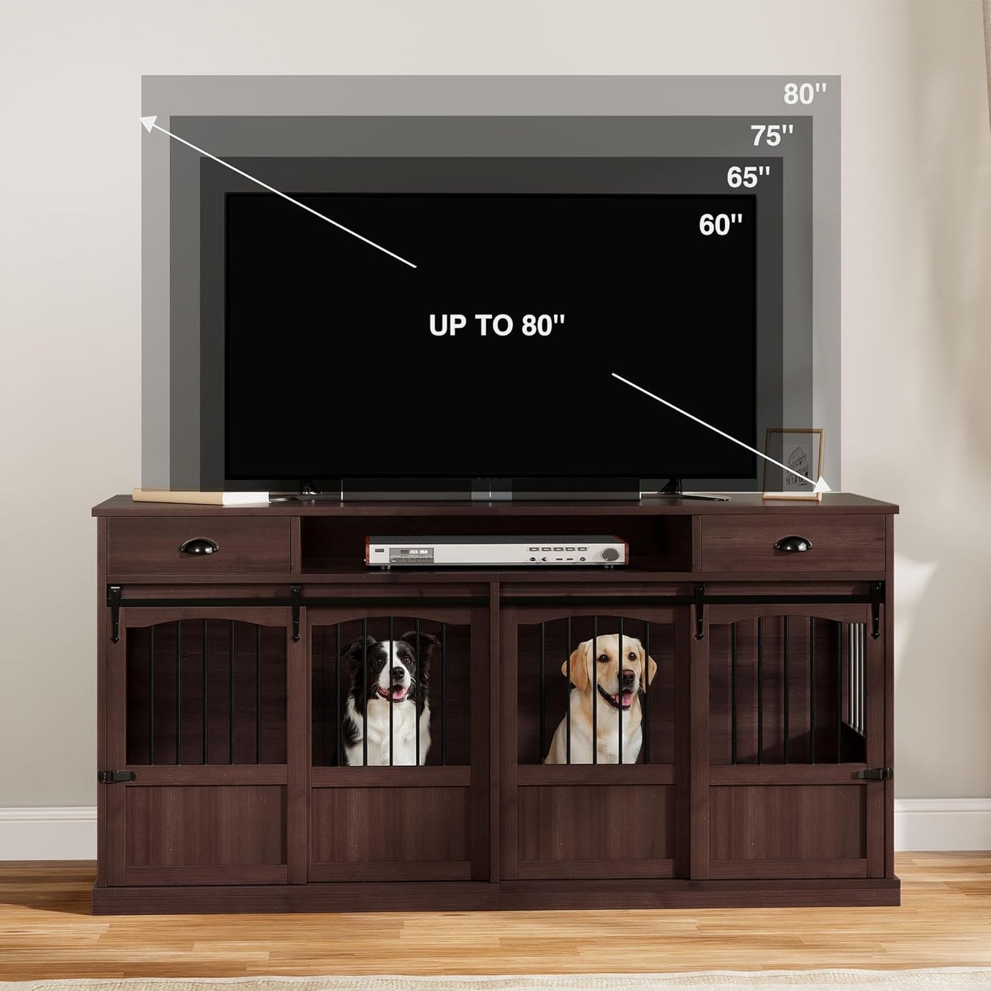 70.86" Double Dog Crate Furniture with Storage for 2 Medium Large Dogs Farmhouse Wooden Dog Kennel Furniture with 2 Sliding Doors Divider & Power Outlets Decorative Dog Cage TV Stand, Brown