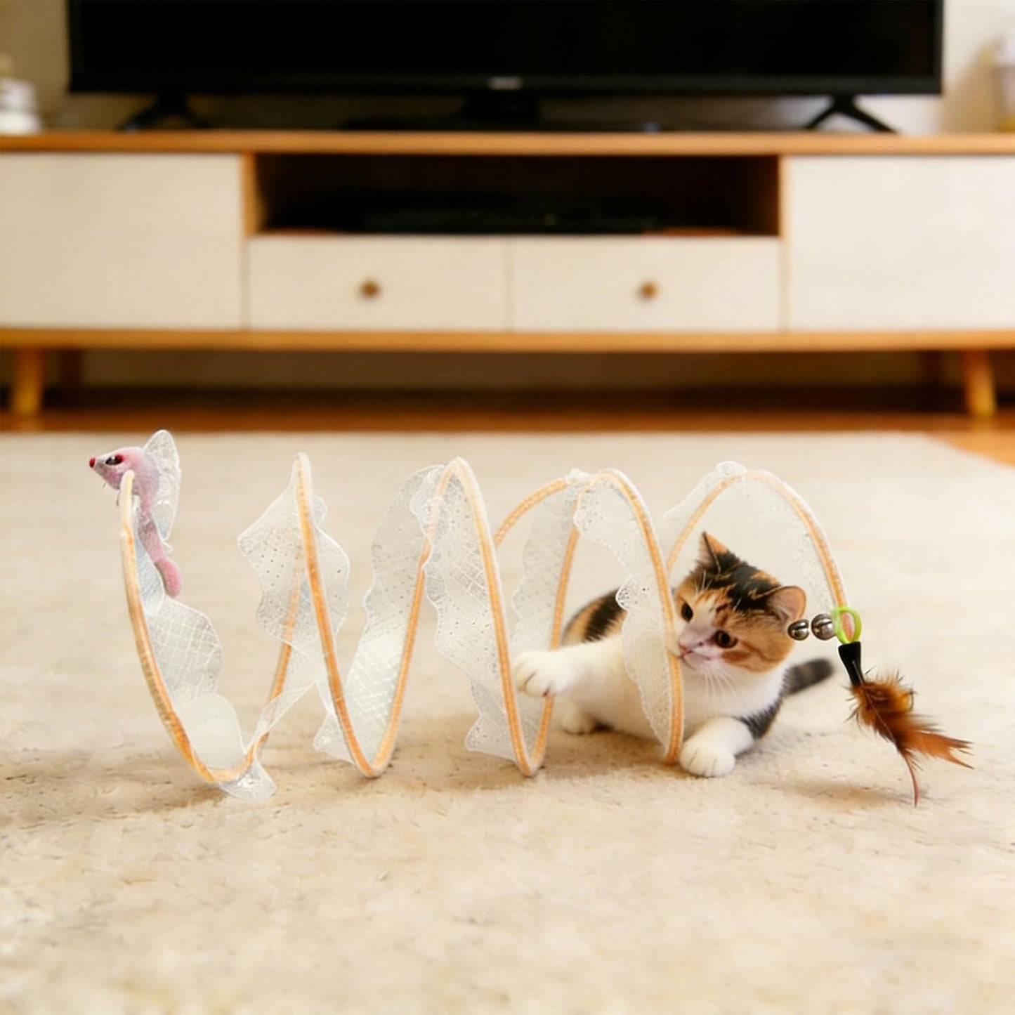 Andiker Cat Tunnel Toy, 10inch Collapsible Metal Cat Spring Toy with Nylon Mesh, Feather, Mouse, and Bell, Interactive Cat Toys for Indoor Cats to Scratch, Puzzle, Relax and Kill Time (Mouse)