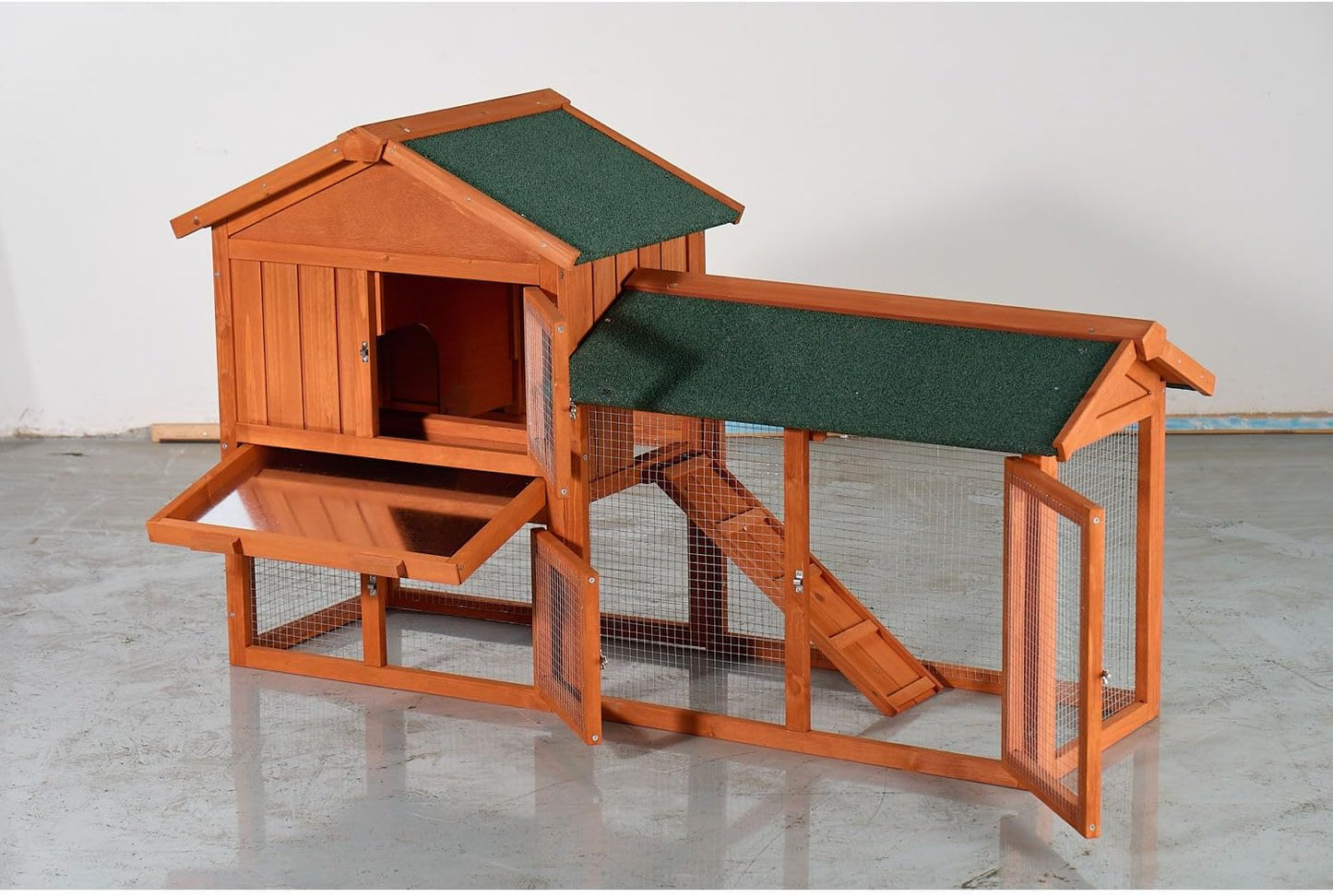 Large Wooden Rabbit Hutch Wood Brown Weather-Resistant Asphalt Roof Outdoor Porch Durable Pet Shelter