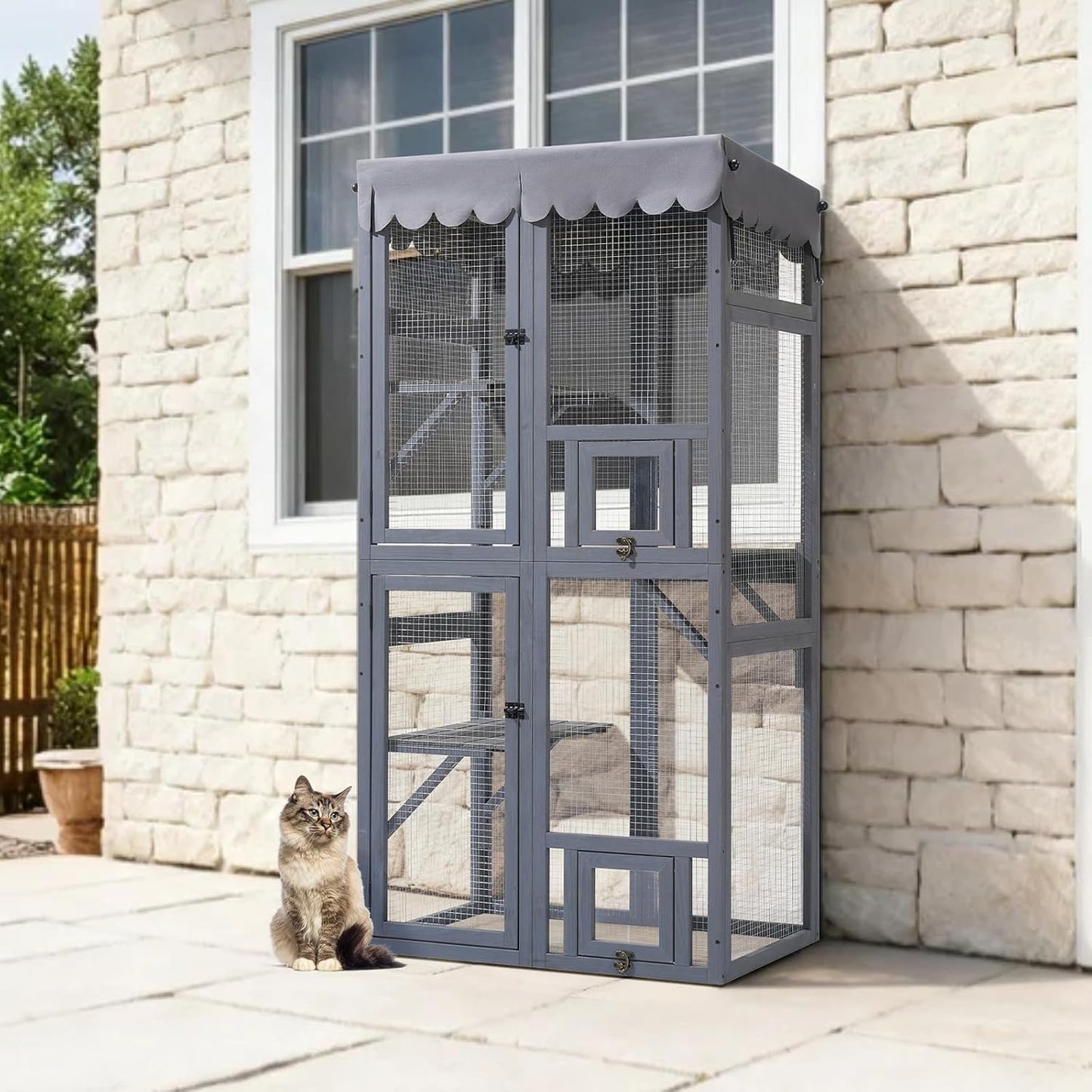 Veehoo Catio Outdoor Cat Enclosure, 63" Cat Outdoor Enclosure Window Access, Large Wooden Indoor Cats Patio Cage with Weatherproof Tarp Roof