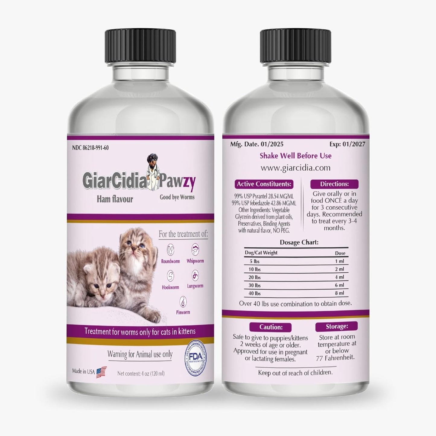 No More Worms in Cats and Kittens - Dewormer for Cats - Ham Flavour with 3ml Dropper