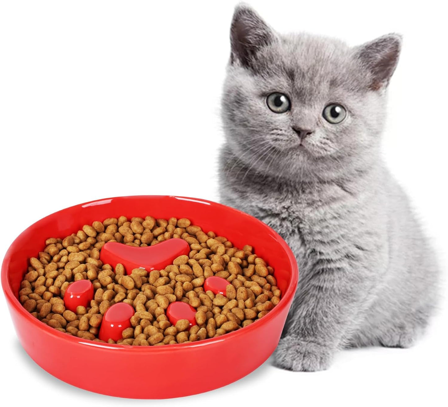 Slow Feeder Cat Bowls, Ceramic Fun Slow Eater Bowl for Cats (Red)