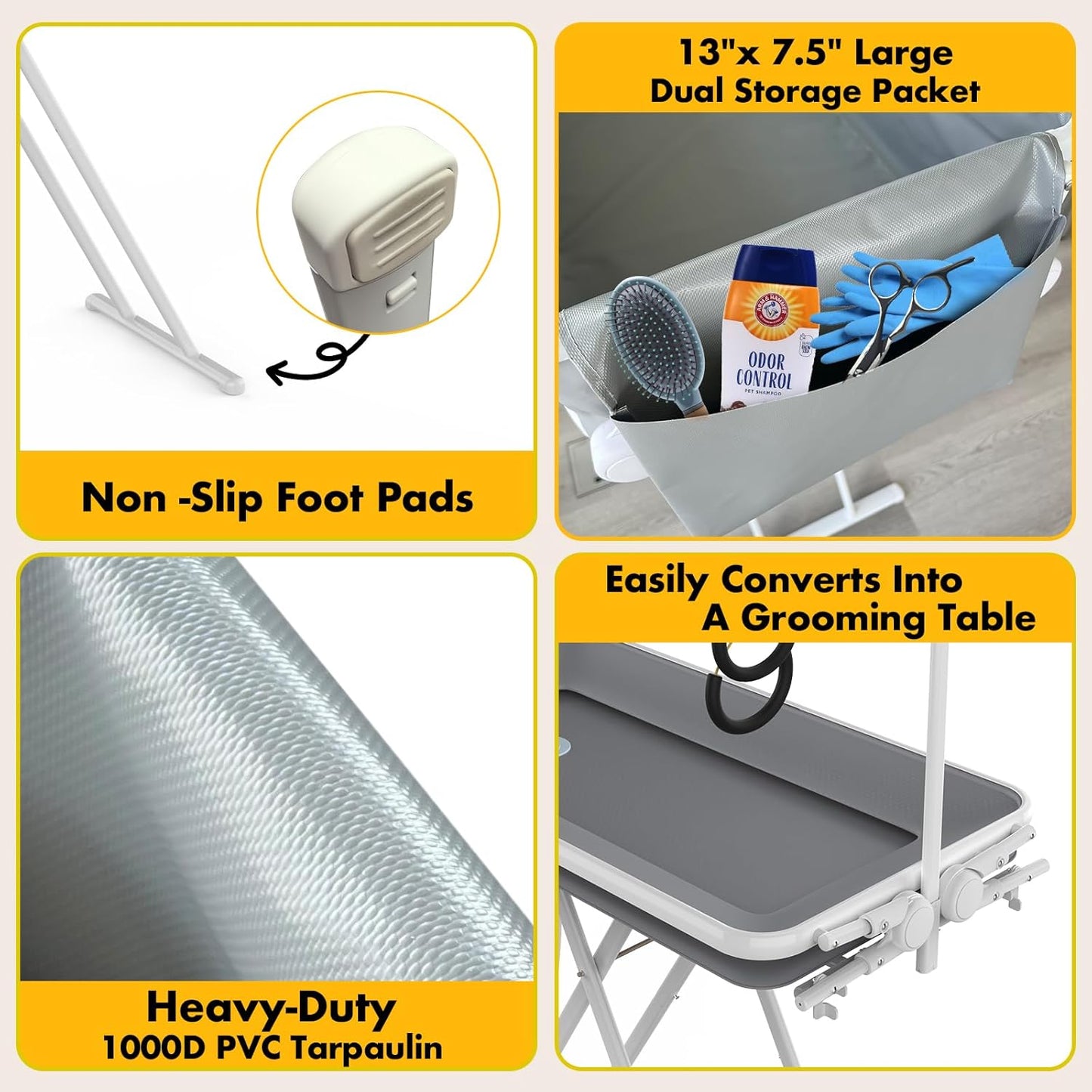 PAWZIDEA 2-in-1 Portable Dog Bathtub & Grooming Table, 33" Foldable Pet Washing Station for Small Medium Dogs Cats, Elevated Tubs for Bathing Shower Indoor Outdoor, 5 Height Adjustable, Storage Pocket