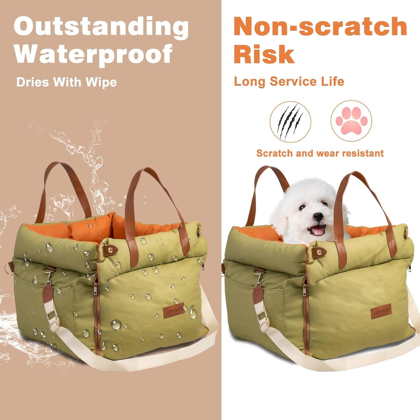 Dog Car Seat for Small & Medium Dogs, Waterproof Soft Leather Dog Car Bed with Harness Clip, Travel Bed & Carrier Bag for Pets, Fits Pets Up to 35 lbs (Green, Small & Medium)