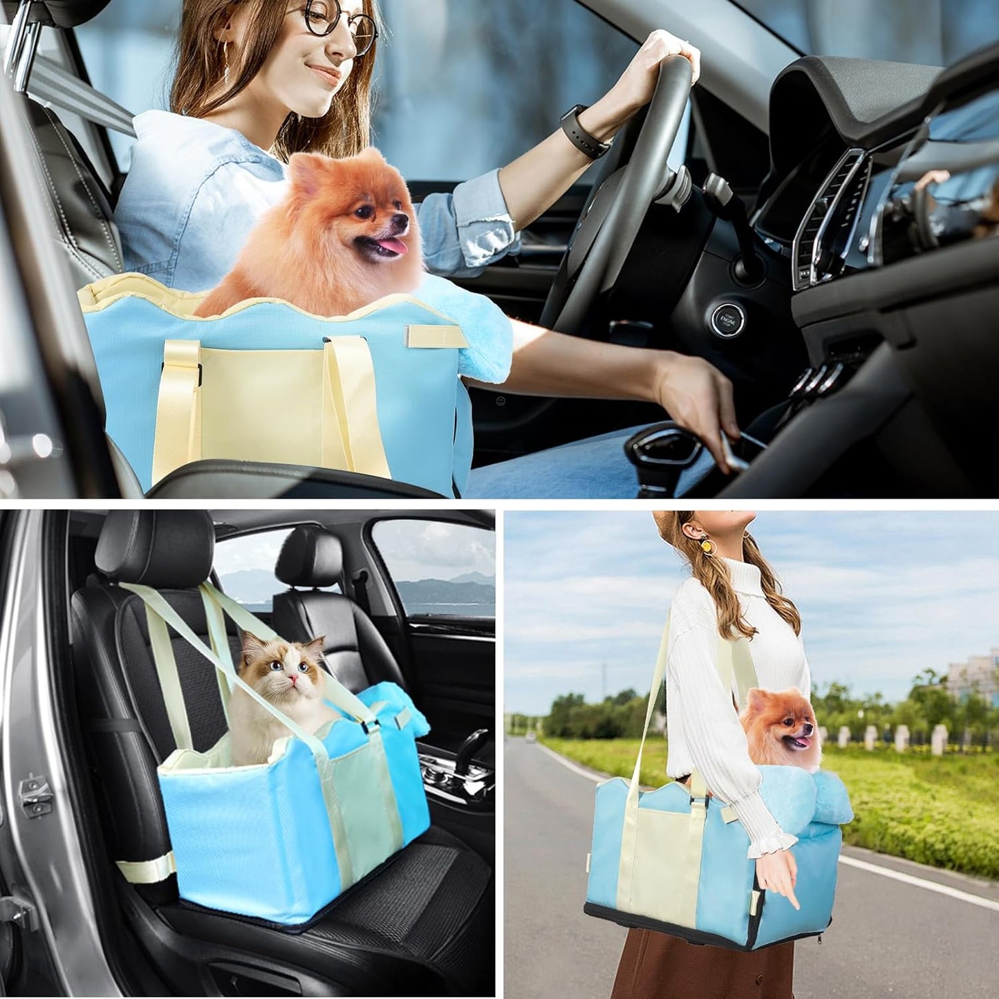 Center Console Dog Car Seat for Small Dogs, Pet Puppy Car Seats with Soft Cushion Safety Belt, Washable Cat Carseats, Pet Bed for Cars, Dog Booster Cars Seats for Dogs Small 5-15 lbs(Blue)