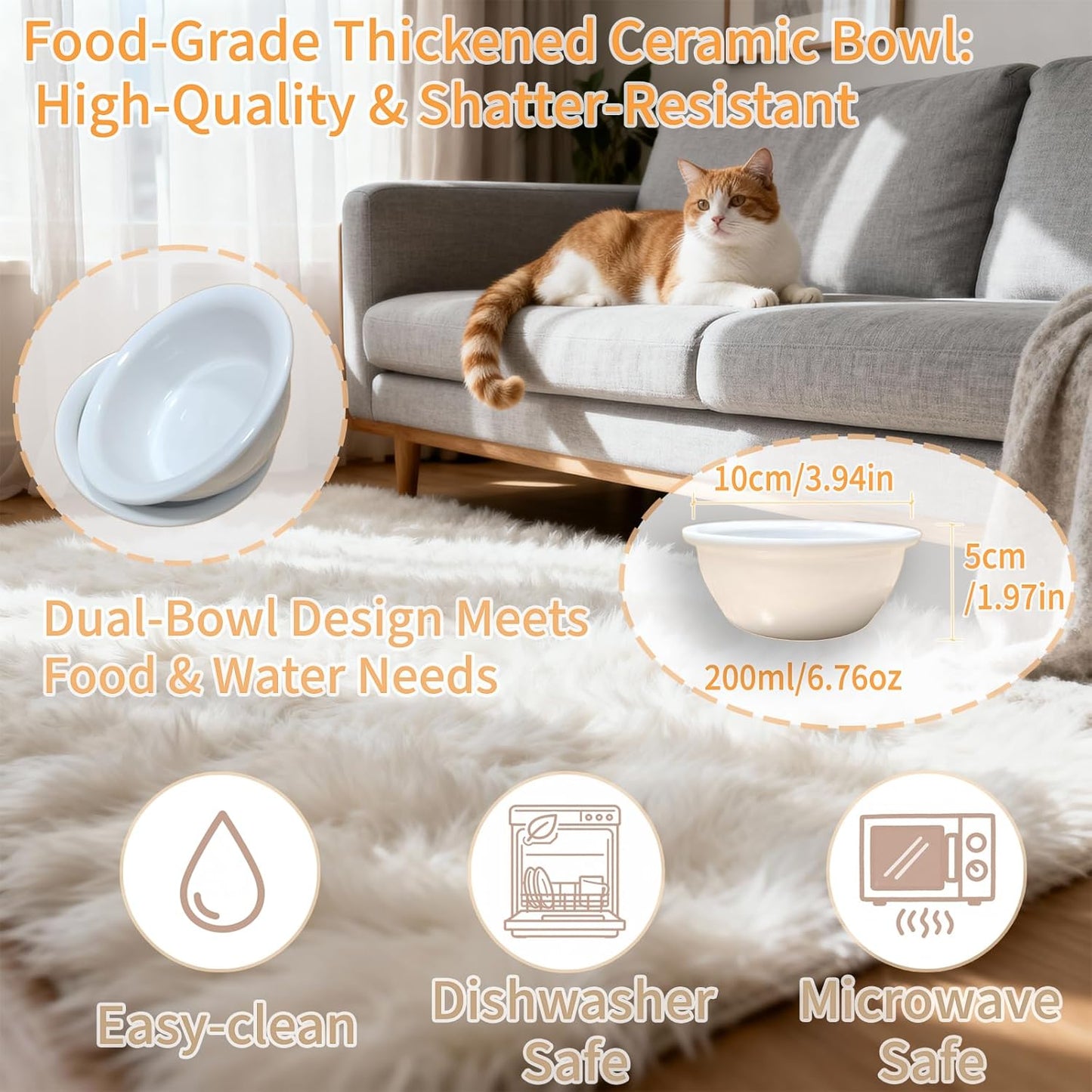 15° Tilted Elevated Cat Bowls with 2 Ceramic Dishes & Wood Base - Anti-Vomit Raised Feeder Station for Indoor Cats & Small Dogs, Dishwasher Safe