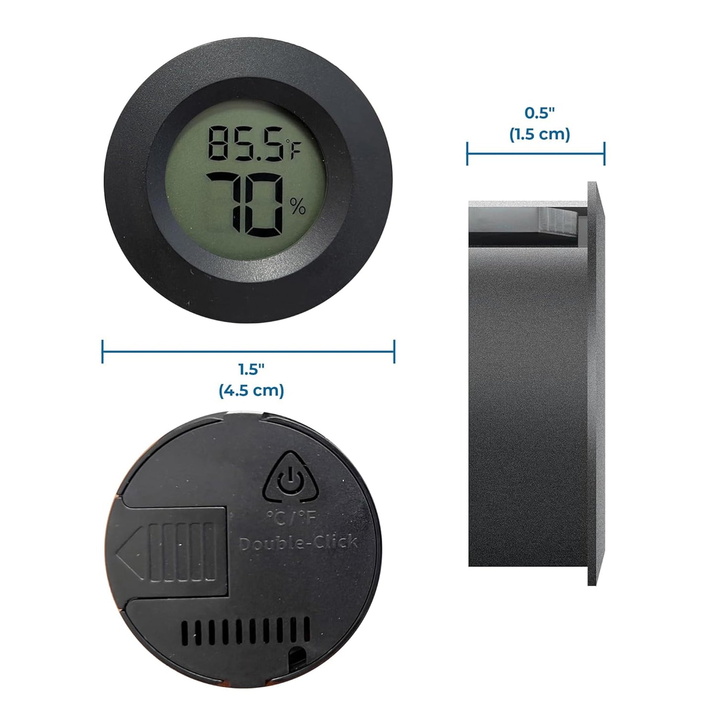 SunGrow Reptile Thermometer with Hygrometer with Digital Display, Accurate Temperature, Humidity Gauge for Snake and Lizard Tanks, Round Clear LCD, Black, 1.8”x1.8”x0.6”