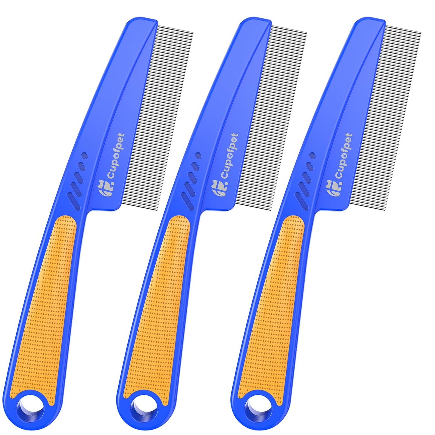 3-Pack Flea Comb with Rubber Handle, Fine Tooth Flea and Tick Combs for Dogs & Cats, Anti-Slip Pet Grooming Comb for Puppies, Kitties (Blue)