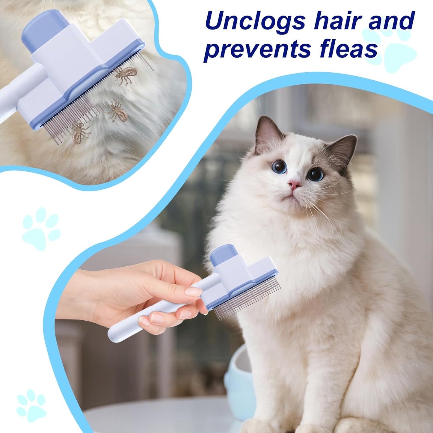 2 Pcs Self-Cleaning Flea Comb for Cats Dogs with Pet Hair Removal Glove – Dual Tooth and Gentle Cat Comb for Long/Short Hair – Ergonomic Zen Brush Cat Grooming/Nit Supplies