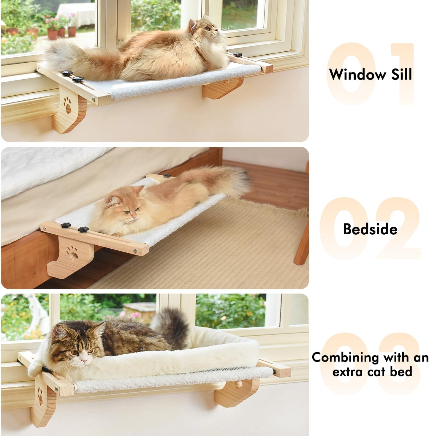 AMOSIJOY Cat Sill Window Perch Sturdy Cat Hammock Window Seat with Wood & Metal Frame for Large Cats, Easy to Adjust Cat Bed for Windowsill, Bedside, Drawer and Cabinet
