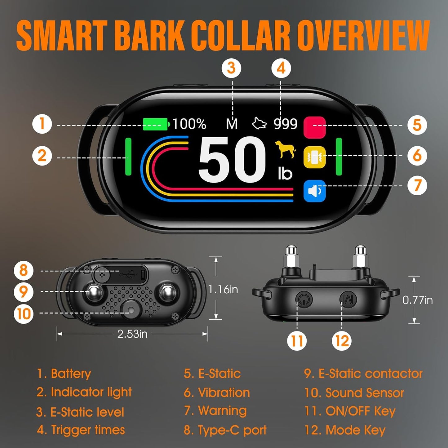 Smart Dog Bark Collar - for Small Medium Large Dogs 10-100lbs, Automatic Dog Training Collar to Decrease Barking, Anti Barking Device with 4 Training Modes, More 8 Sensitivity Levels, Black