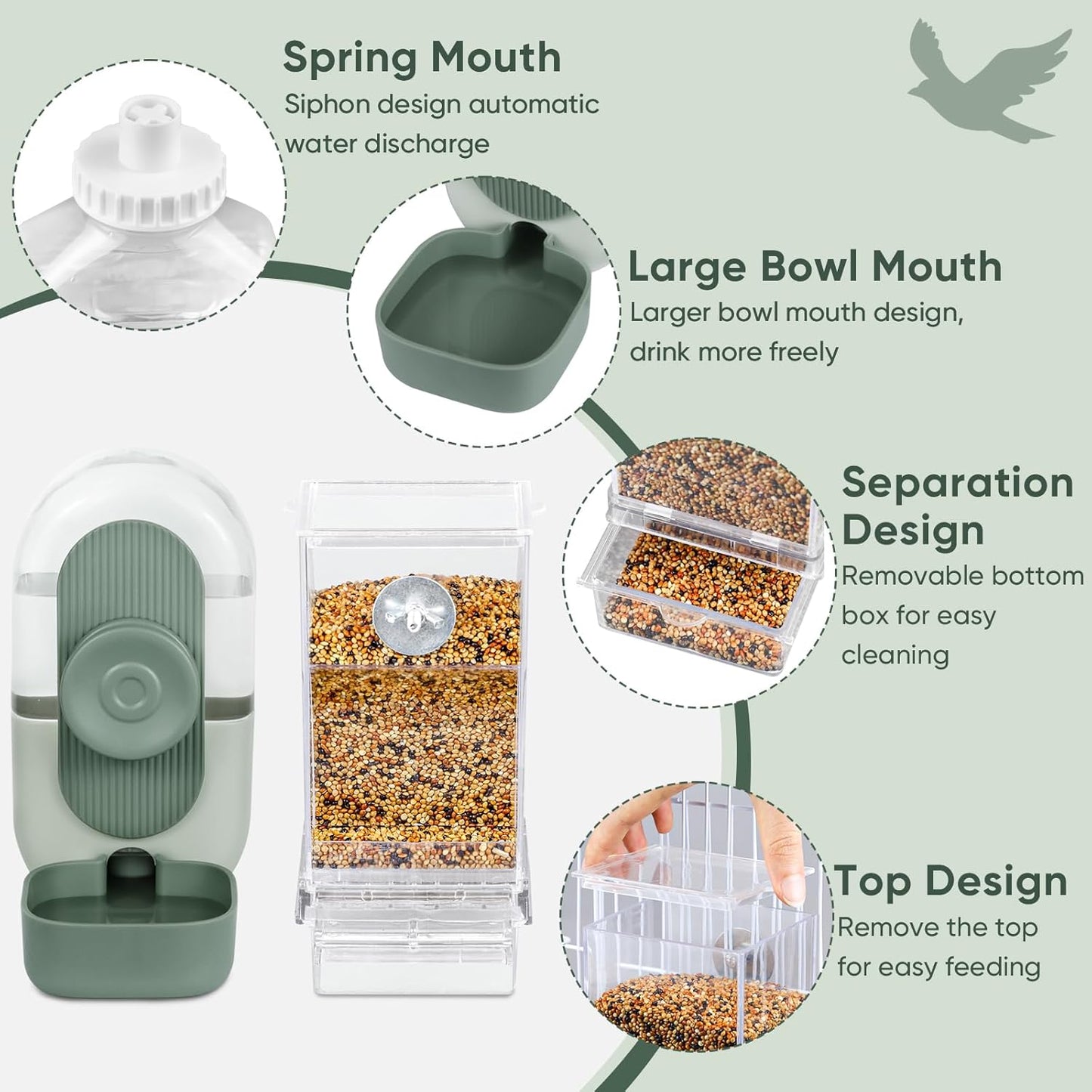 No Mess Bird Feeder & Water Dispenser Set - Automatic Feeding & Hydration, Parakeet Cage Accessories for Parrots, Cockatiels, Finches, Lovebirds & Budgies