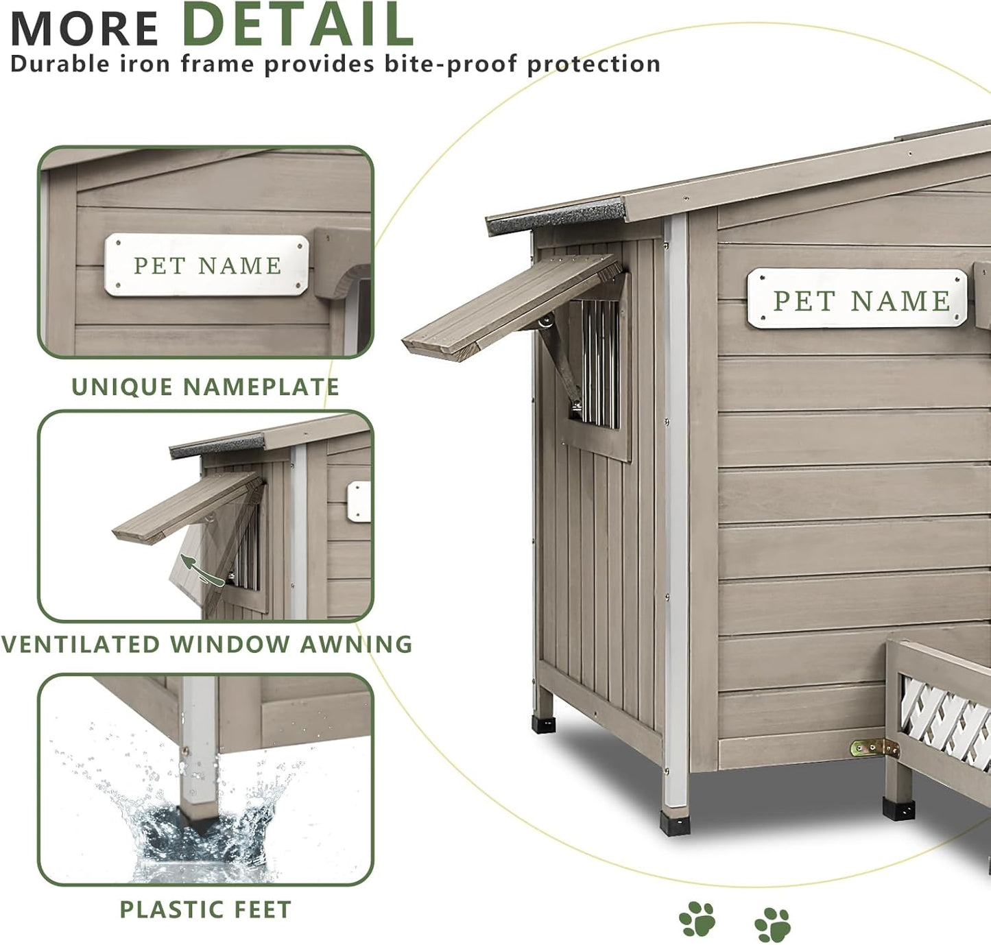 Weatherproof Dog House Outdoor Wooden Chew-Proof Iron Frame, Removable Floor and Adjustable Window for Small Medium Some Large Dogs(Gray, 40" L x 40" W x 35" H)