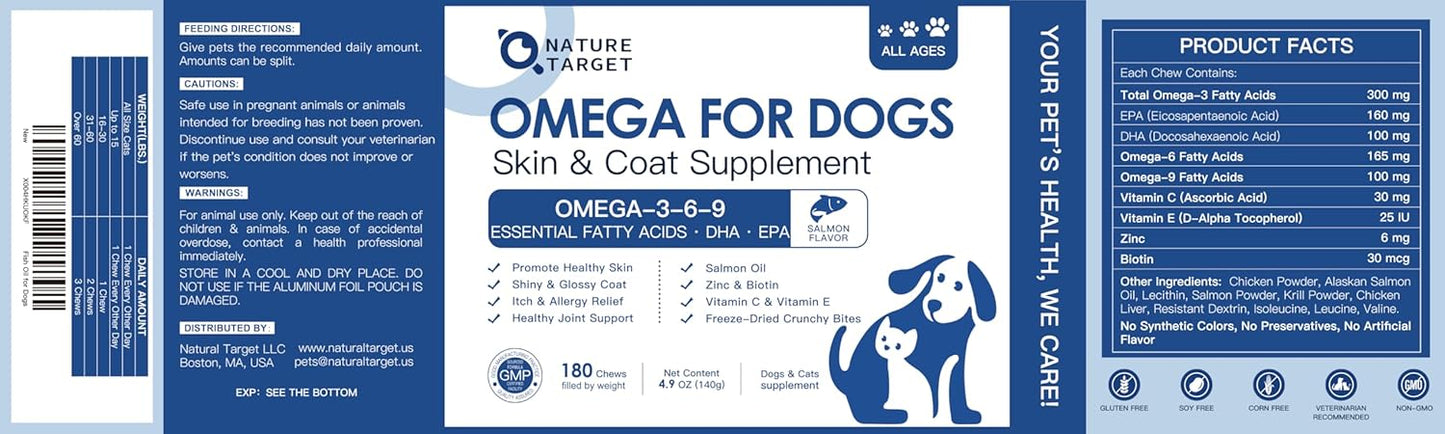 NATURE TARGET Omega 3 Fish Oil for Dogs, Salmon Oil for Dogs Skin and Coat with EPA & DHA Fatty Acids, Dog Itchy Skin Relief & Hot Spot Treatment, Reduce Shedding, Support Hip & Joint Health - 180 ct