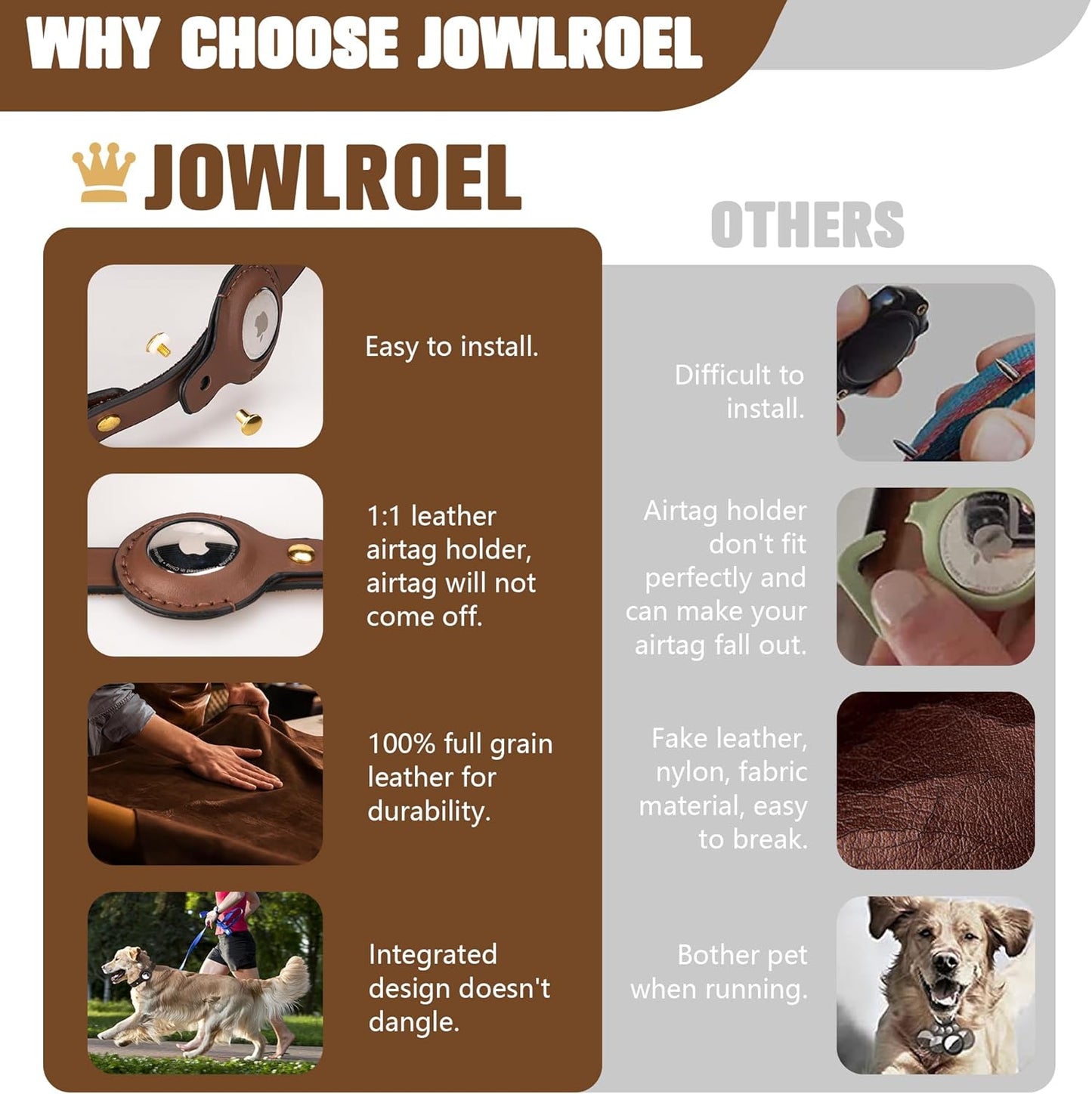 AirTag Dog Collar - Genuine Heavy Duty Leather Dog Collar with Apple AirTag Holder, Suitable for Small Medium Large Dogs (Brown, M, 13.6"-17.6" Neck Fit)