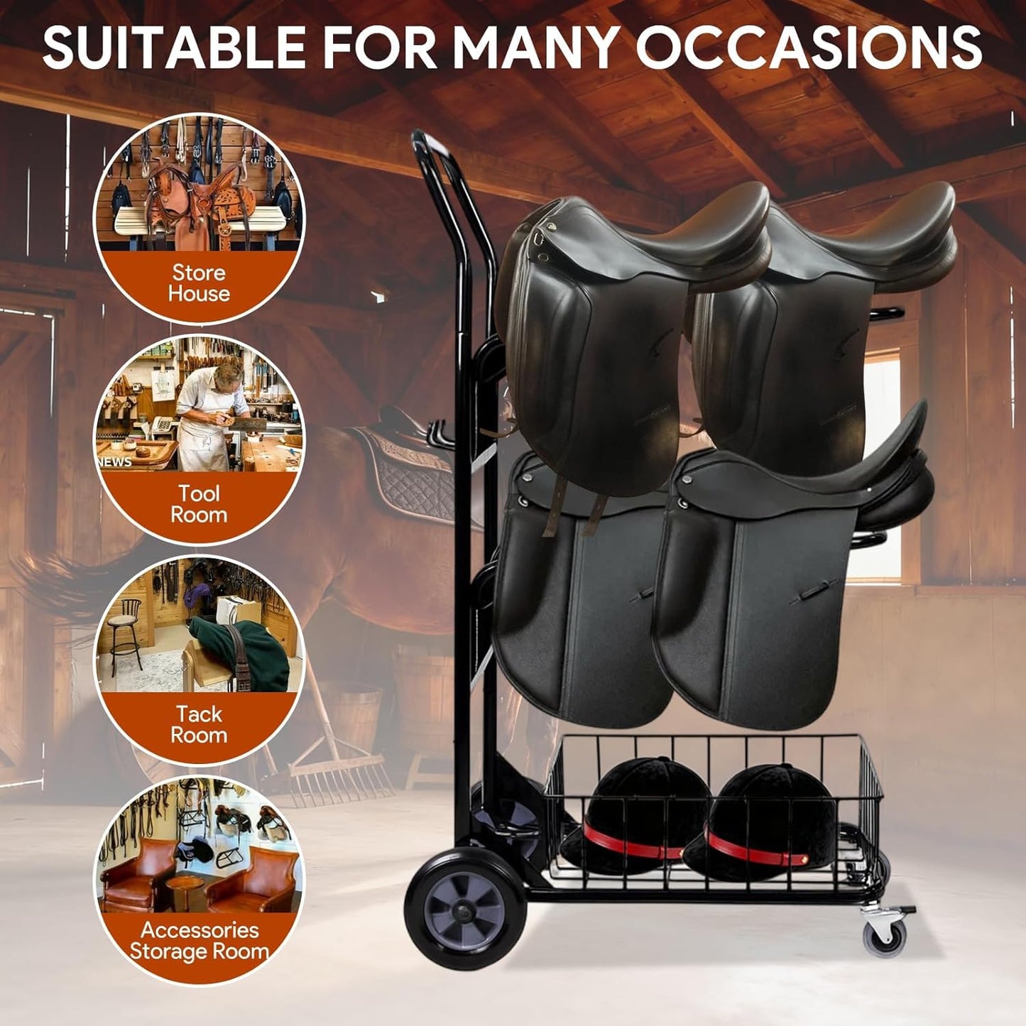 2 Tier Rolling Saddle Rack Cart with Basket,32" ×17",Foldable Horse Tack Cart with Wheels, Load 220 Lbs Capacity, Heavy Duty Horse Trailer Organizer, for Moving, Organize Tack