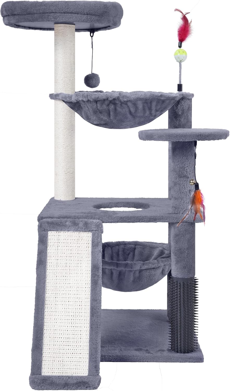 Multi-Level Cat Tree for Indoor Cats, Cat Tree Tower with Big Cat Hammock and Self-Grooming Brush, Cat Tower with Scratch Ladder, Indoor Climbing Activity Tower with Scratching Posts, Grey