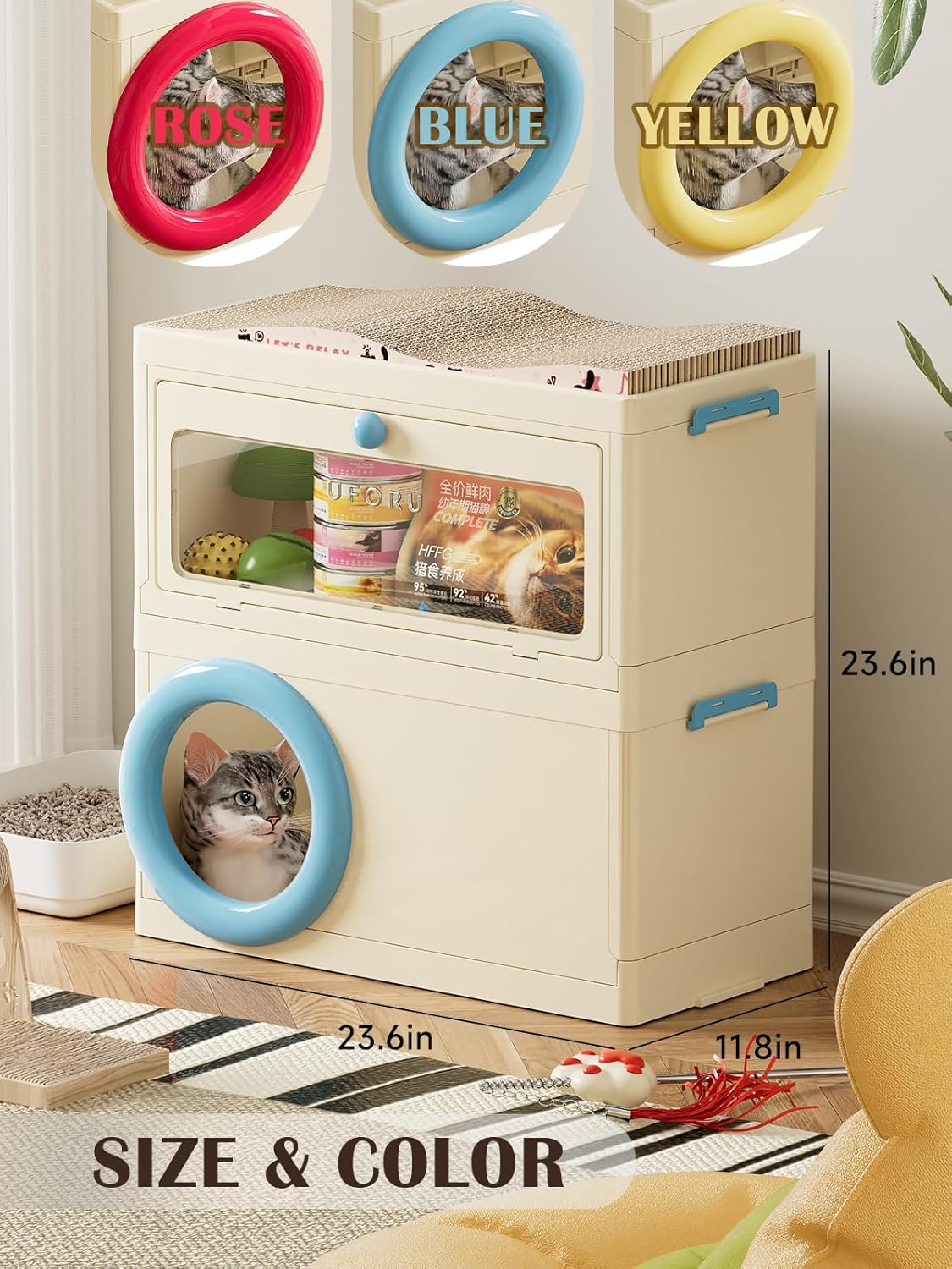 3 in 1 Plastic Cat House with Scratching Board, Foldable Feral Cat Shelter with Pet Supply Storage Bin, Waterproof Weatherproof for Outdoor Indoor Use