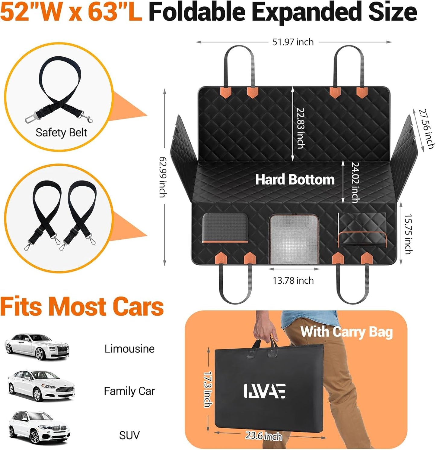 Dog Seat Cover for Back Seat, Hard Bottom Back Seat Extender Holds 500 lbs, Waterproof & Nonslip Car Hammock for Large Pets, Comfortable Travel Seat Protector for SUV and Sedan