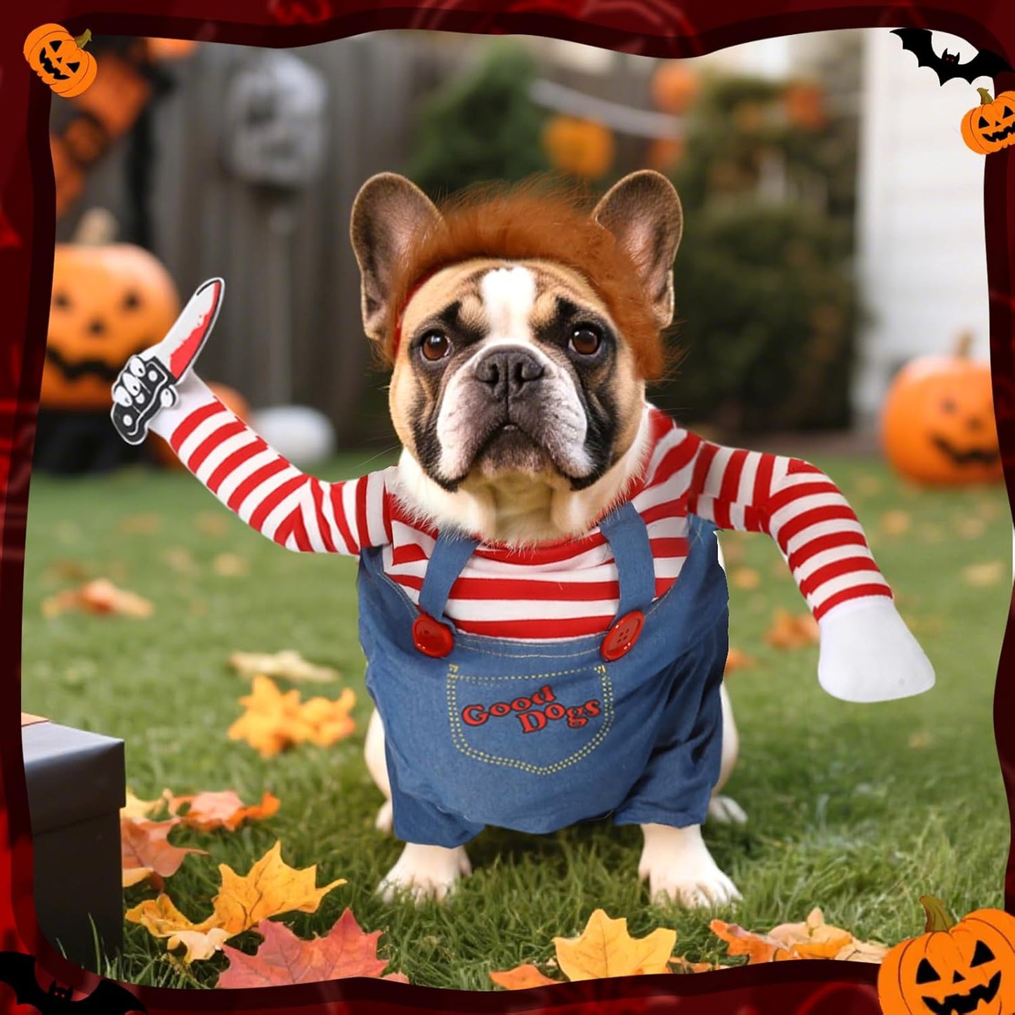 T2Y Dog Halloween Costume Pet Deadly Doll Chucky Dogs Costume with Knife & Wig, Dog Costumes for Medium Dogs Funny Party Cosplay Halloween for Corgi, Pug, Frenchie, DachshundăLă