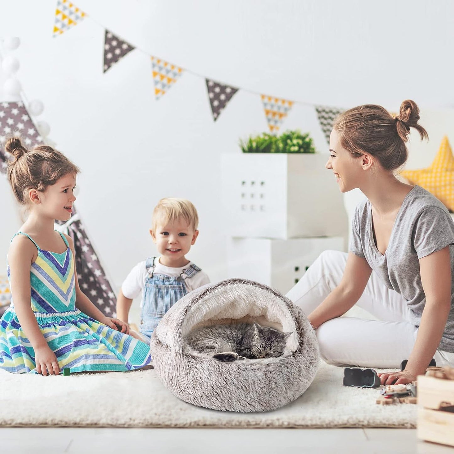 CATISM Plush Hooded Cat Bed, Calming Nest, Self-Warming Cave, Cozy Pod for Indoor Cats or Small Dogs, Removable Washable Cove With Non-Slip Bottom