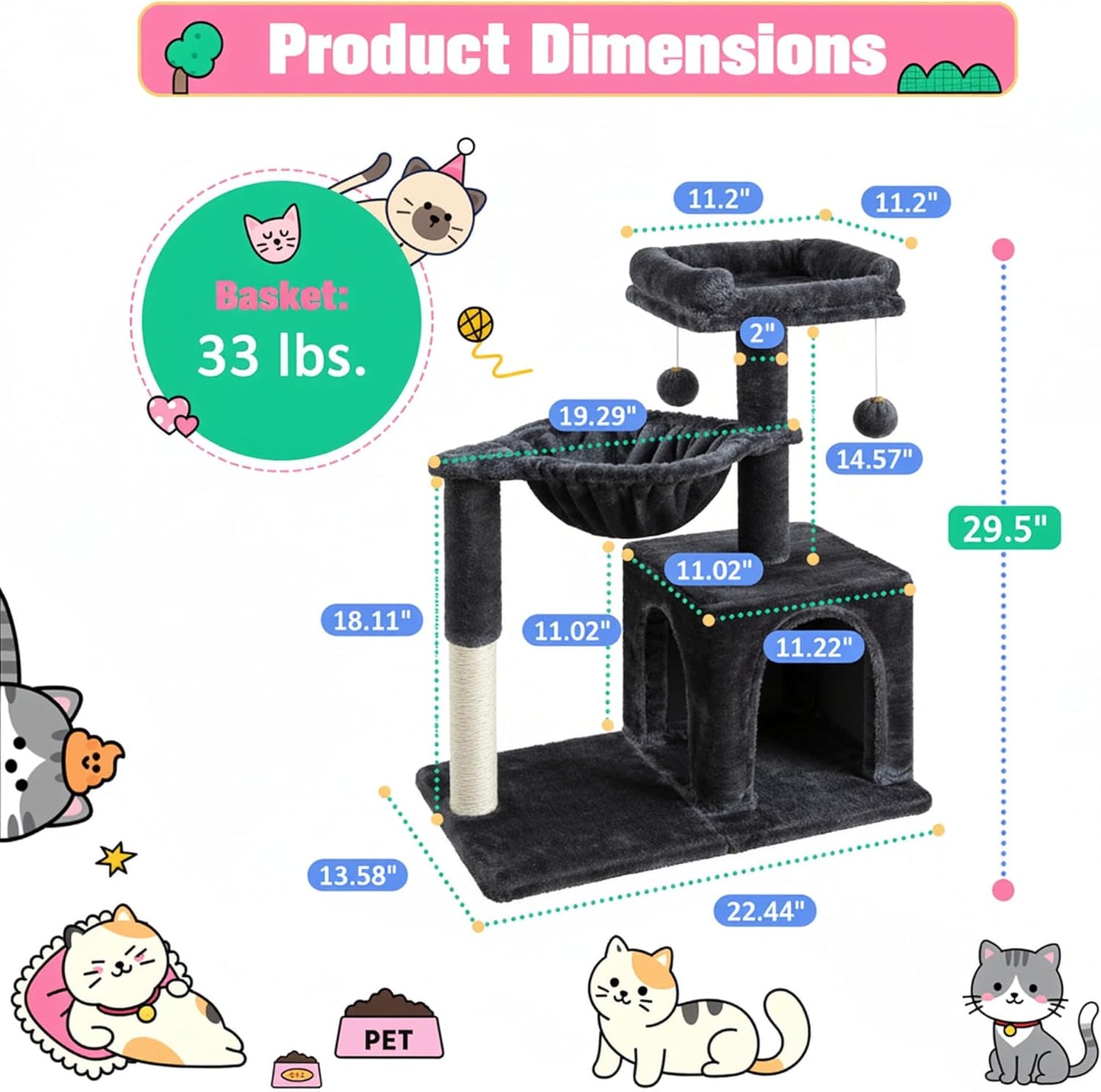 Allewie 29.5in Indoor Cat Tree, Multi-Level Cat Tower with Sisal Scratching Posts, Padded Perch, Basket, Condo, and Hanging Ball, Suitable for Kittens and Adult Felines,Dark Grey