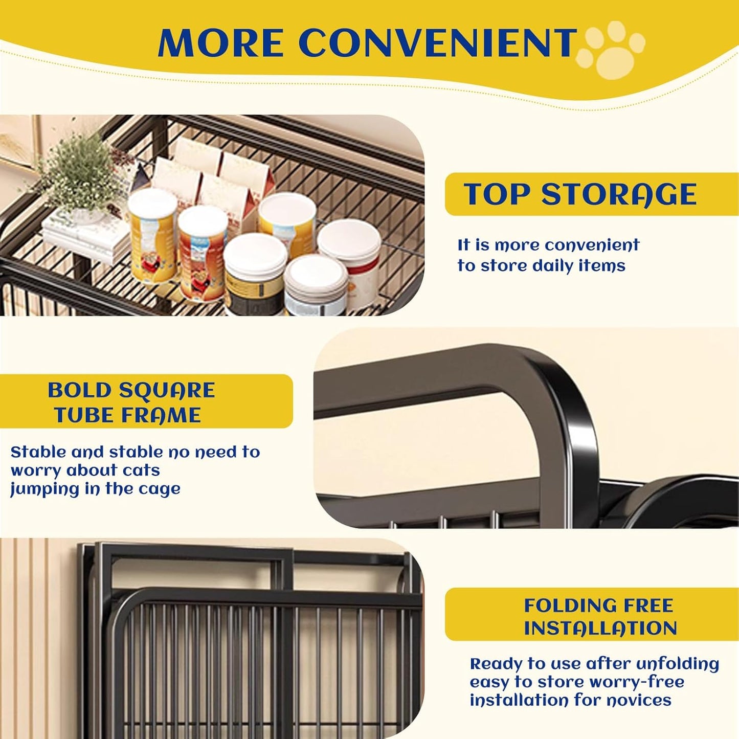 Collapsibles Cat Cages Indoor,Portable Cats Enclosures 2/3/4-Tier,Heavy-Duty Cat Playpens with Universal Wheels,Large Metal Animal cage Pet Crate No Assemblys Required (Black, 4-Tier (No Litter Box))